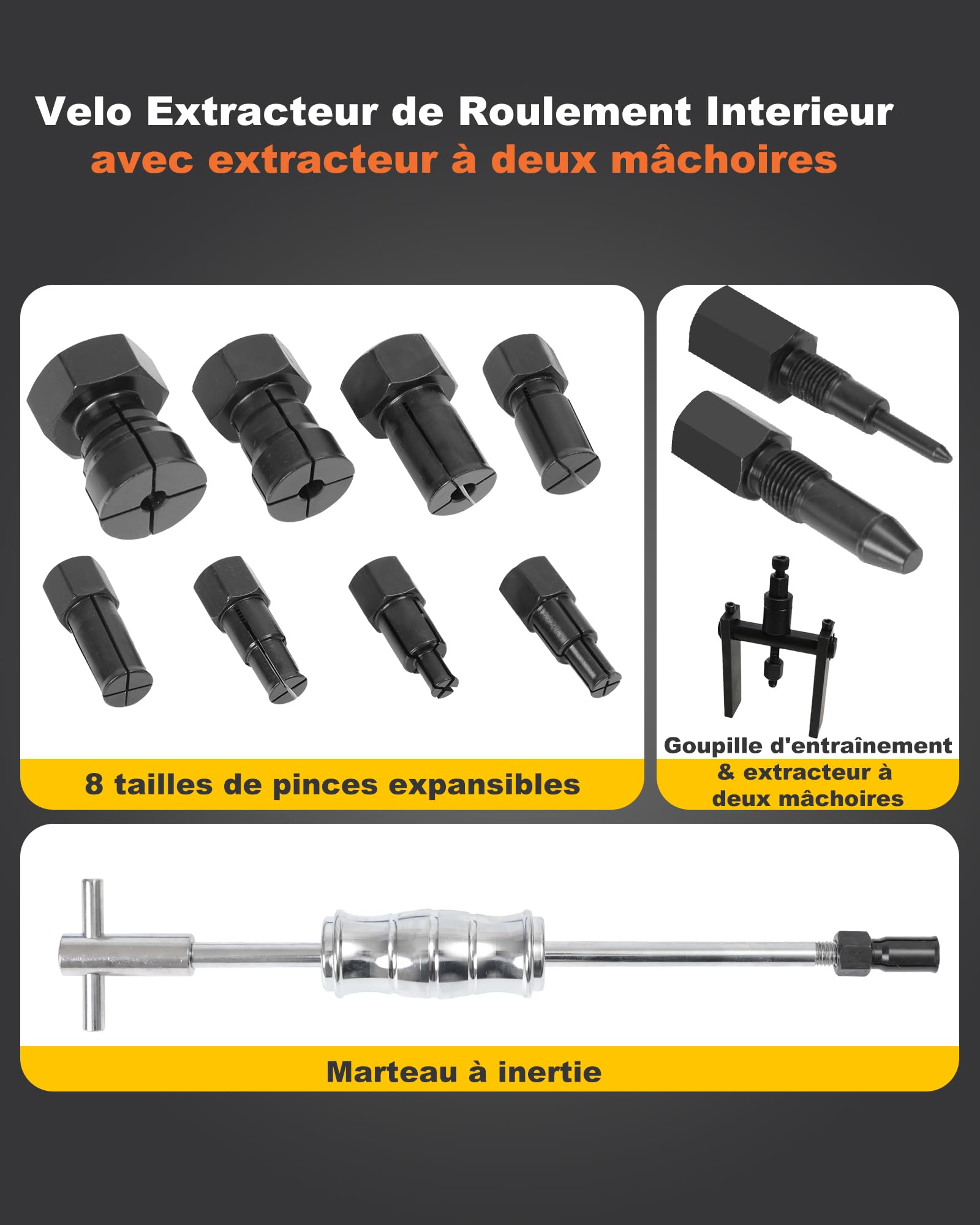 Mise à Niveau Velo Extracteur de Roulement Interieur avec Marteau Coulissant & Extracteur à Deux Mâchoires Trou Borgne Arrache Roulement avec 8 Pince de Serrage à Expansion（8-32mm ）