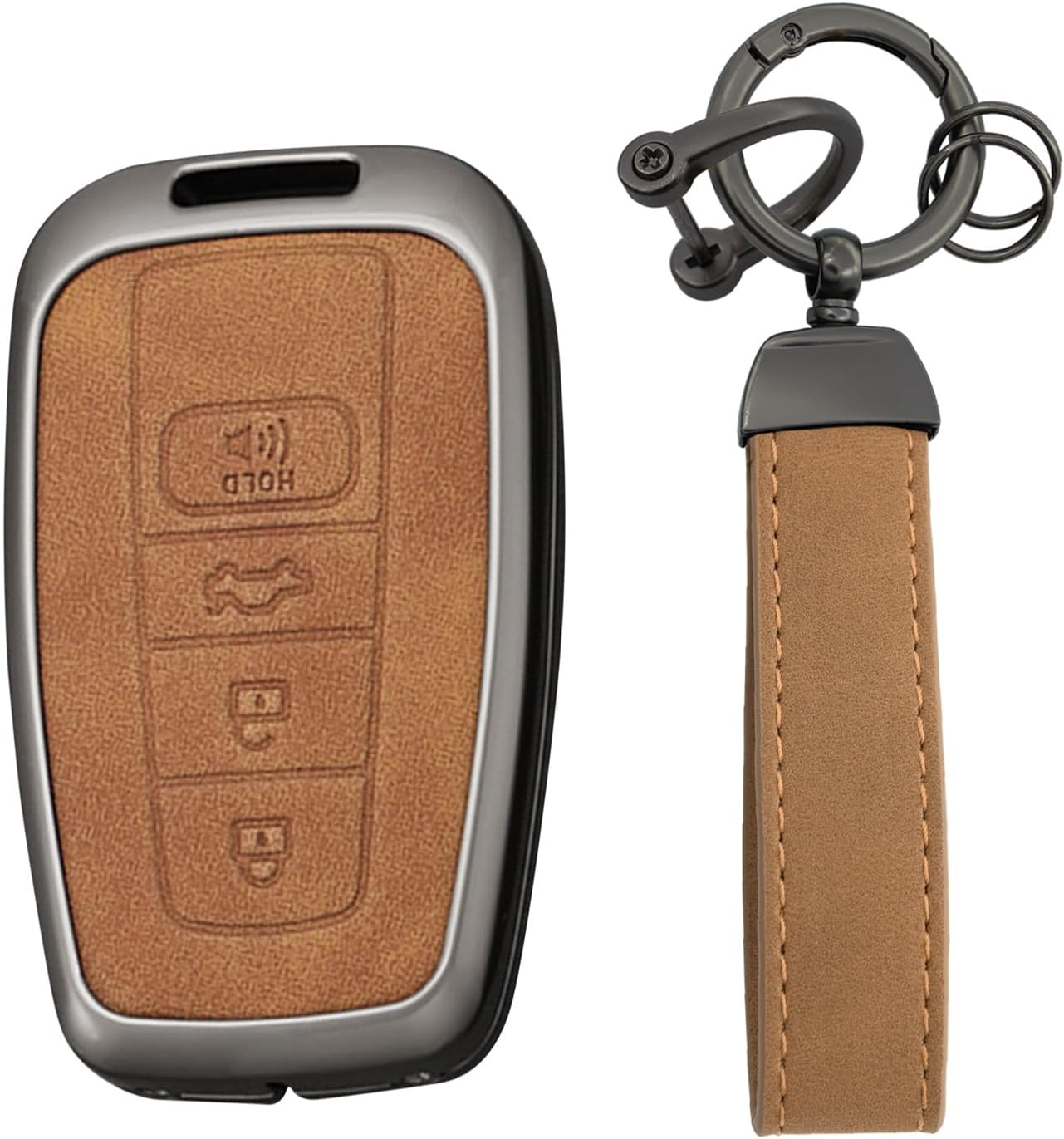 KUNIO Smart Key Holder Protector Fit for Toyota RAV4 4Runner Land Cruiser Corolla Camry C-HR Zinc Alloy and PU Leather Remote Key Protector Car Accessories Brown-Round keychain