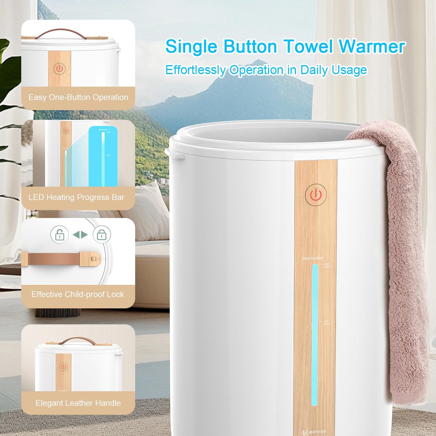 Keenray Towel Warmer for Bathroom, Towel Warmer Bucket with Heating Progress Bar, Fragrant Disc Holder, Leather Handle, Auto Shut-Off Towel Bucket Fits Up to 2 40