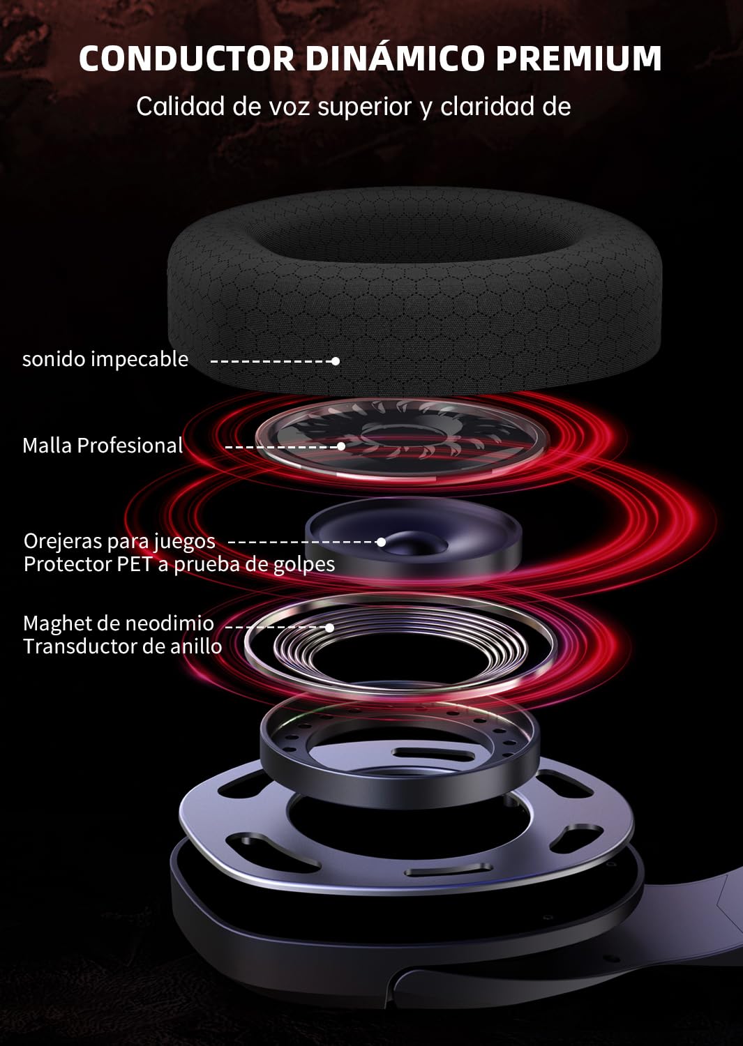 KAPEYDESI Cascos Gaming, 2,4 GHz Auriculares inalámbricos Gaming para PS5/PS4 /PC/Mac, Auriculares Inalámbricos Bluetooth 5.2 con Micrófono, Conector de 3,5 mm para Auriculares con Cable, Rojo
