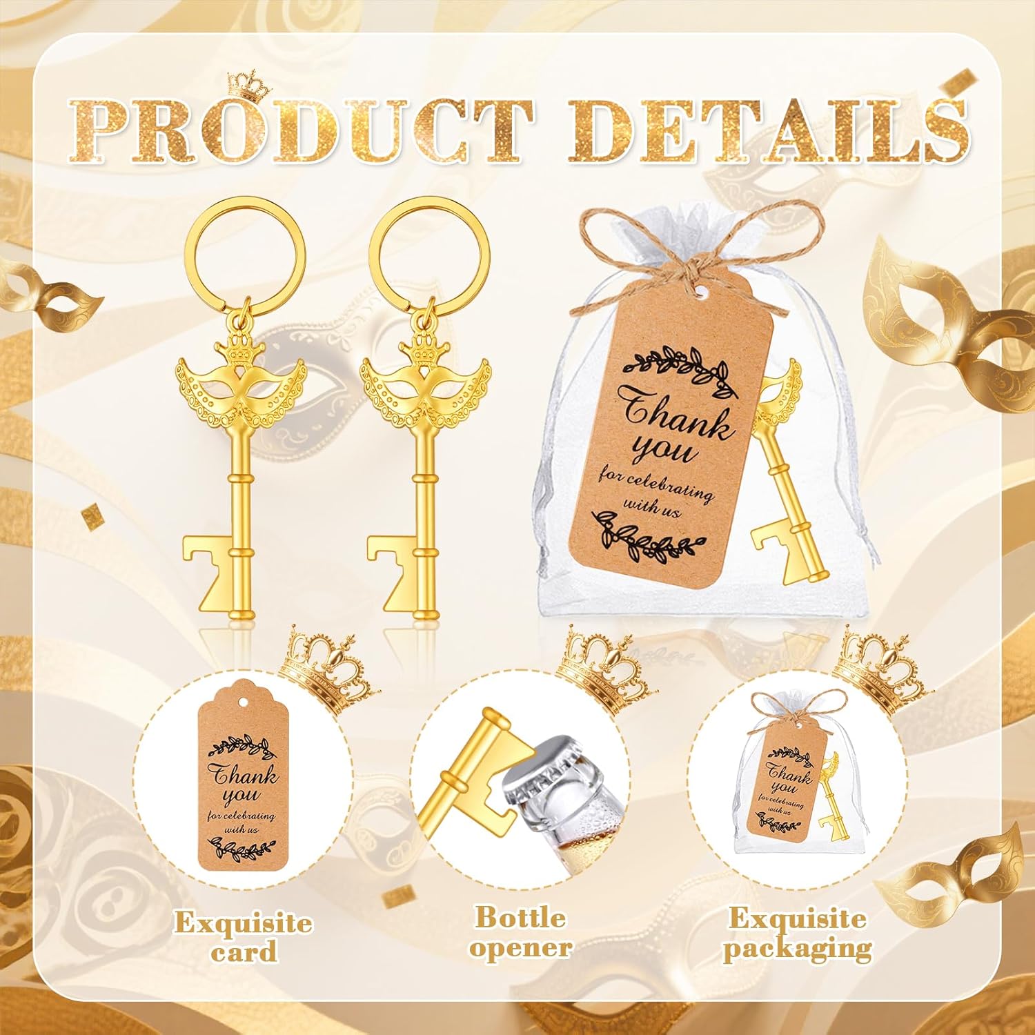 50Pcs Mask Design Keycahin Bottle Openers Beautiful Centerpieces for Tables for Masquerade Mask Party Wedding Favors Bridal Shower Party Baby Shower Gifts with Thank You Tags and Bags (Crown)