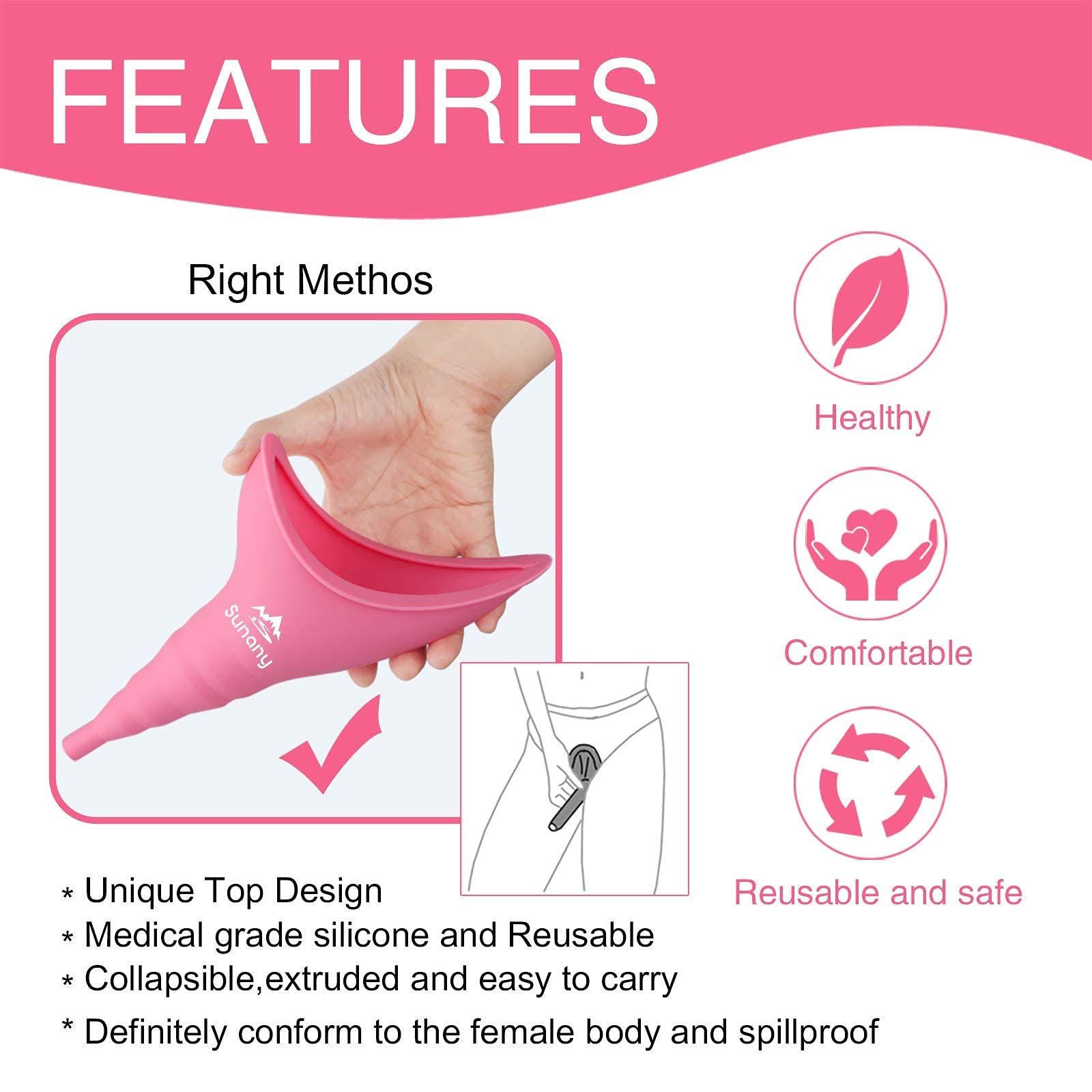 Female Urination Device,Reusable Silicone Female Urinal Foolproof Women