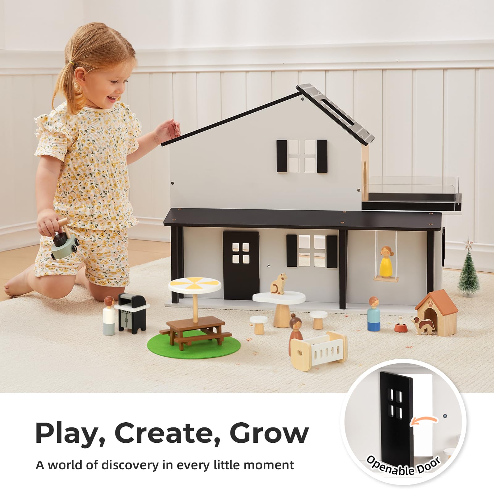 OOOK Puppenhaus Holz, Dollhouse mit 66 Möbel & Zubehör, Puppenhaus ab 3 Jahre Mädchen und Jungen, Spielzeug Geschenke für Kinder inklusive Puppen und Tier Sets