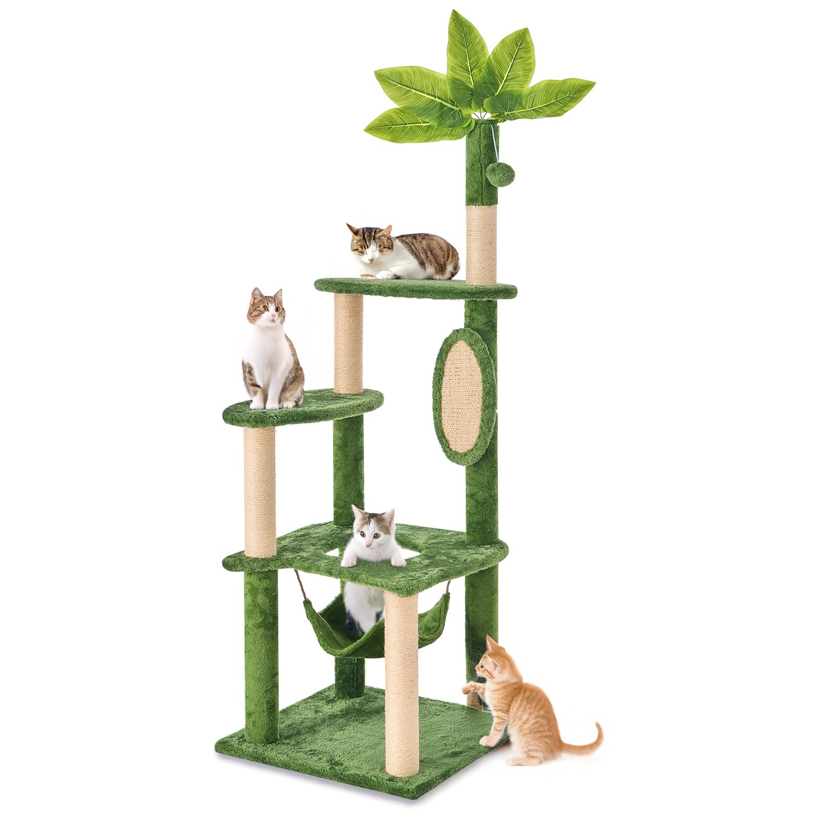 Nineshi 55 Inch Large Cat Tree Tower for Indoor Cats with Hammock Green Leaves Sisal Scratching Post, Plush Hang Ball Play Furniture for Kittens &