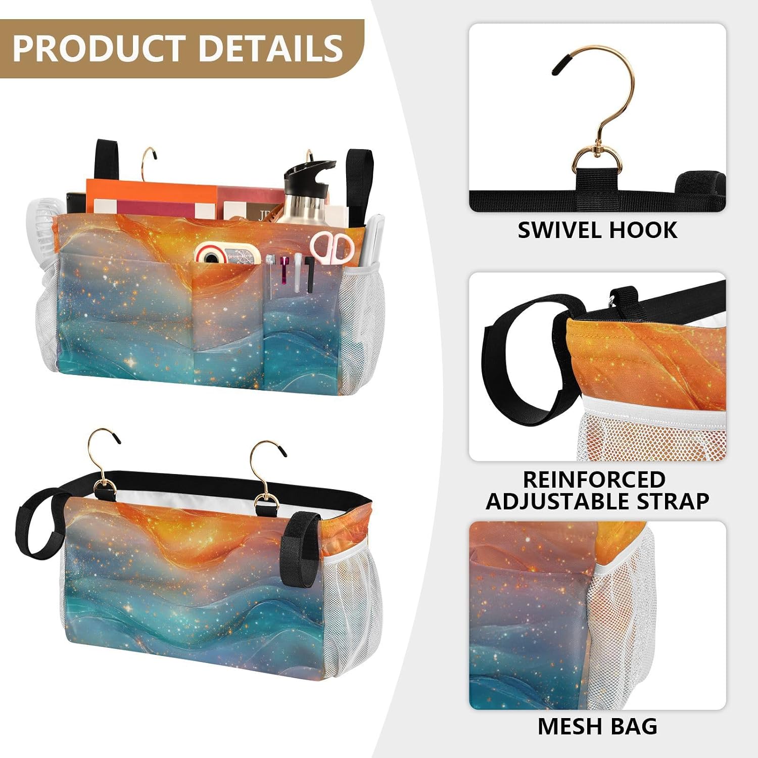 KLL Bedside Caddy Organizer Storage Bag With Pockets Hanging Organizer for Home, Dorm, Bunk Orange Teal Rainbow image 5
