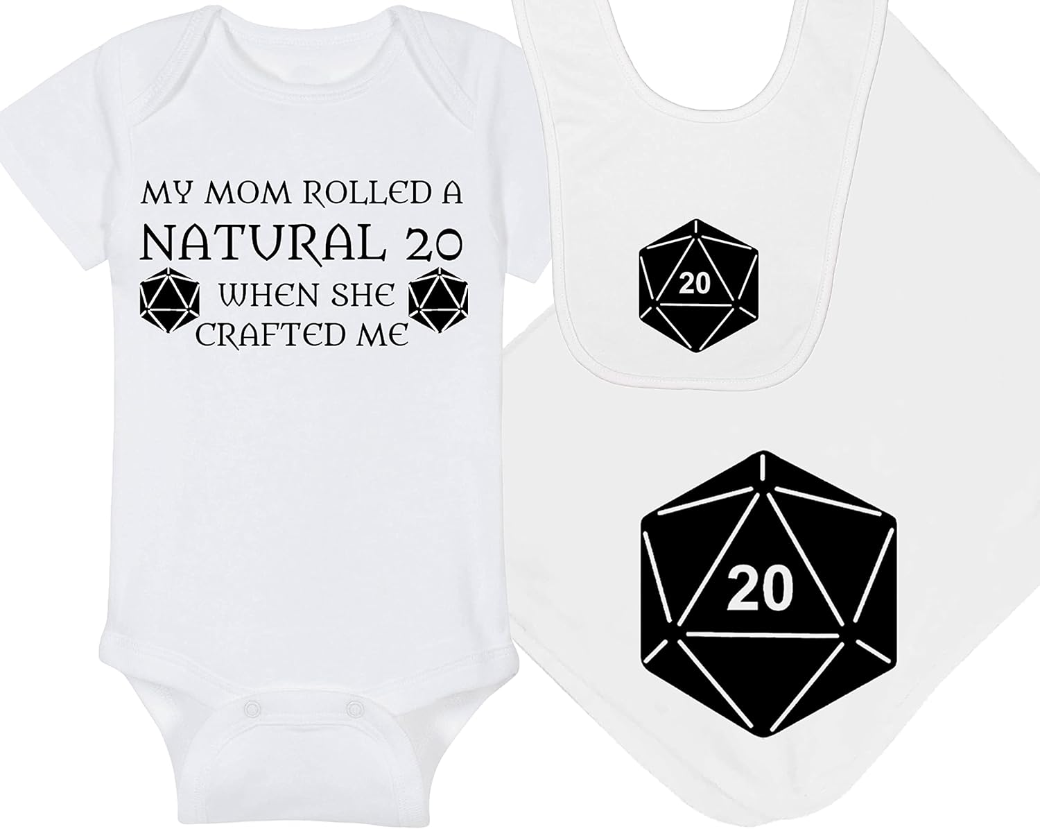 My Mom Rolled A Natural 20 - Gaming Baby Onesie - Hat - Blanket - Bib Package Combinations
