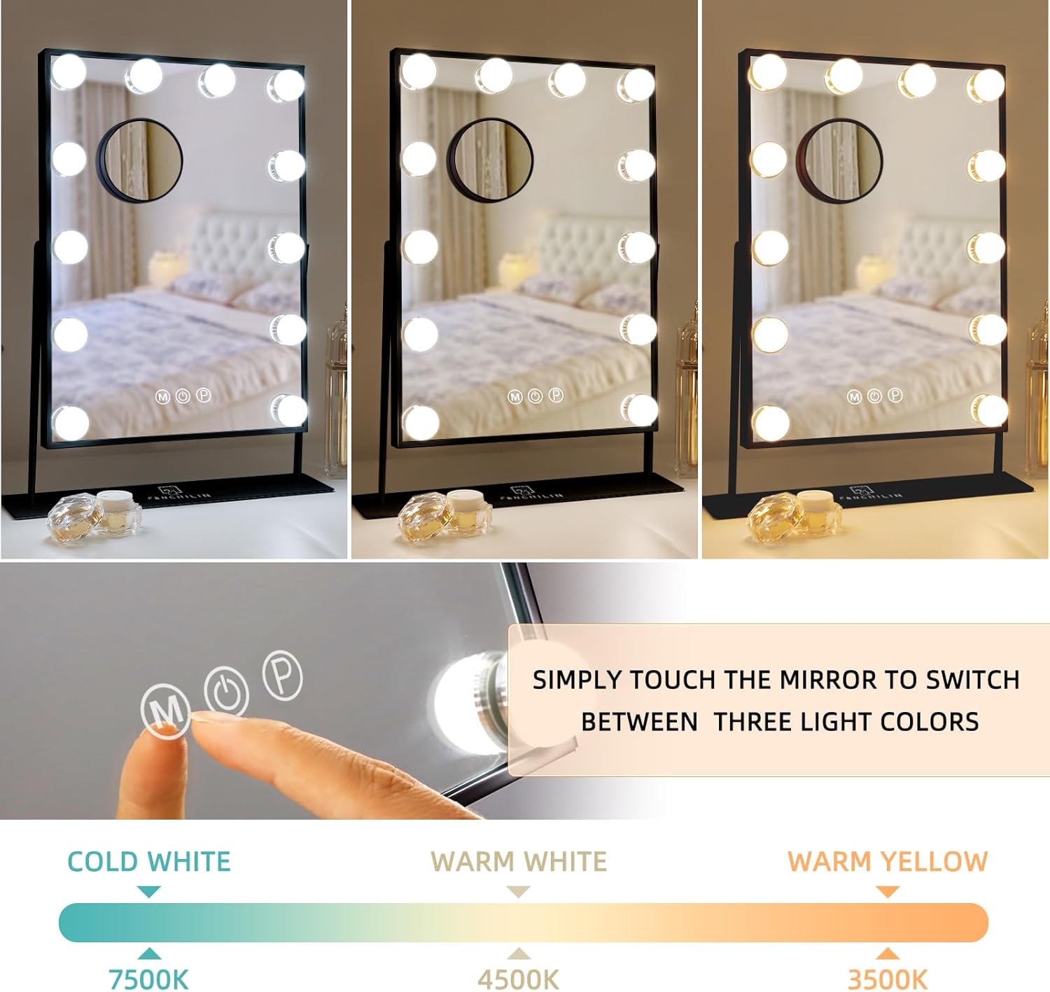Three images showing the FENCHILIN Lighted Makeup Mirror with different light color temperatures: cool white, warm white, and warm yellow.