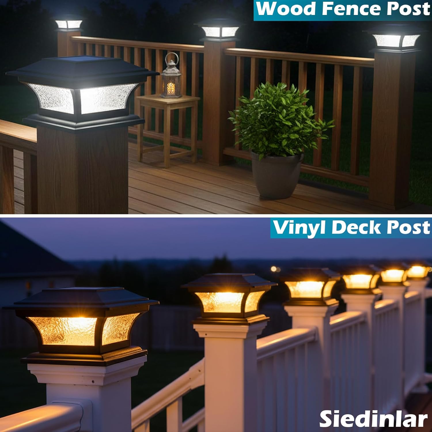 SIEDiNLAR Solar Post Cap Lights Outdoor Glass LED Fence Deck Light 2 Modes for 4x4 5x5 6x6 Wooden Vinyl Posts Patio Garden Decoration Warm White/Cool White Lighting Black (6 Pack)