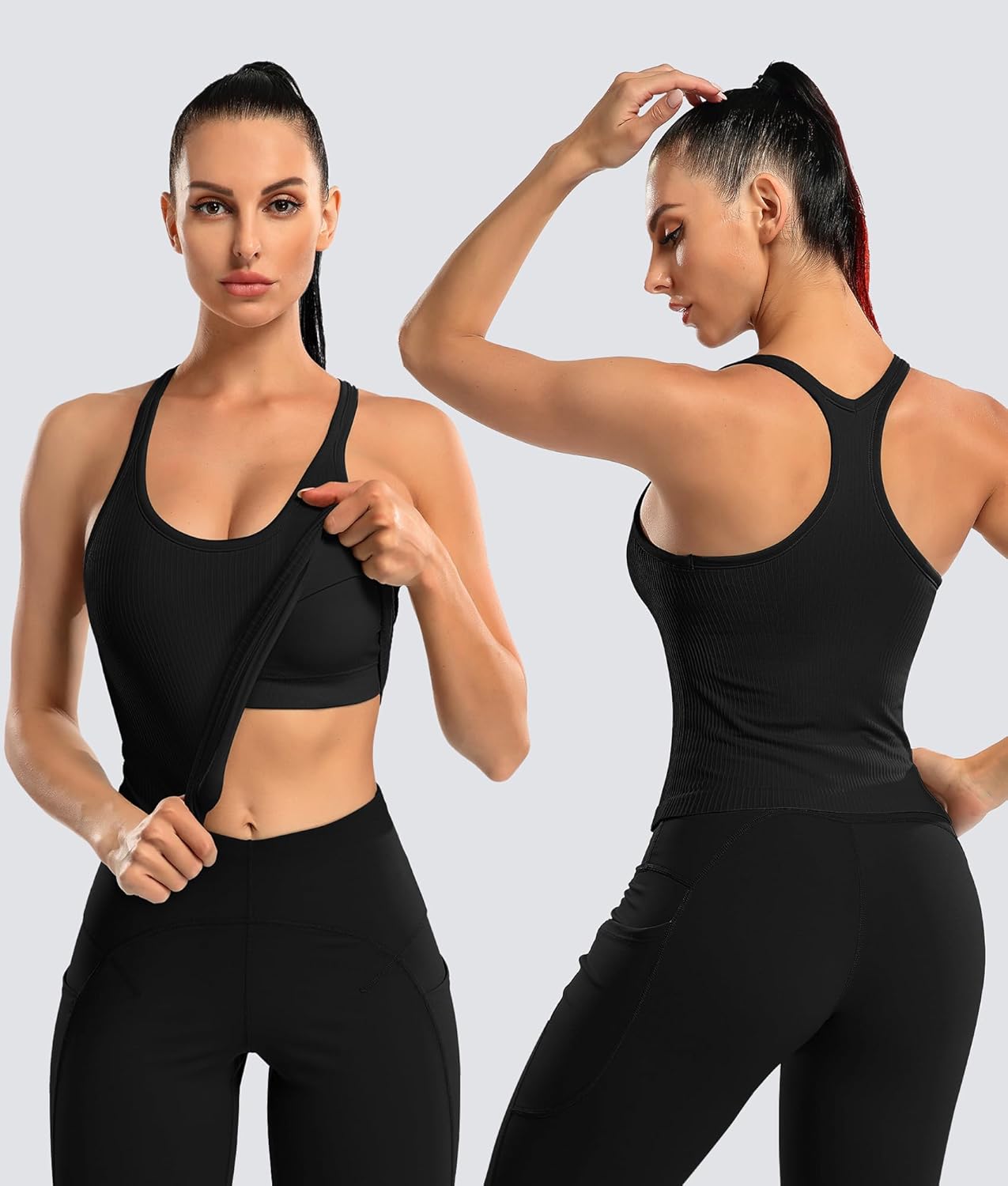 ATTRACO 2 Pack Ribbed Workout Tank Top with Built in Bra Women Seamless Cropped Racerback Yoga Tops Tight Fit - Image 2