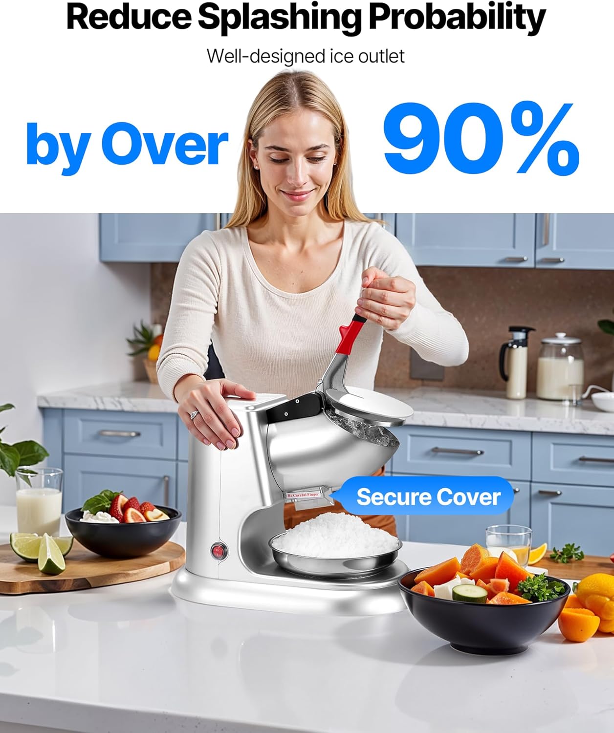 Woman using VEVOR Ice Crusher with anti-splash design