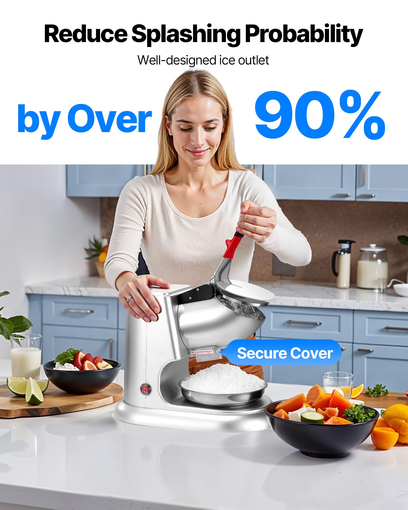 VEVOR Trituradora de Hielo Eléctrica 100 kg/h con 4 Cuchillas, para Granizados, de Acero Inoxidable, con Recipiente y Tapa, 2000 RPM, para Uso Doméstico y Comercial, Plata, 390 x 225 x 295 mm