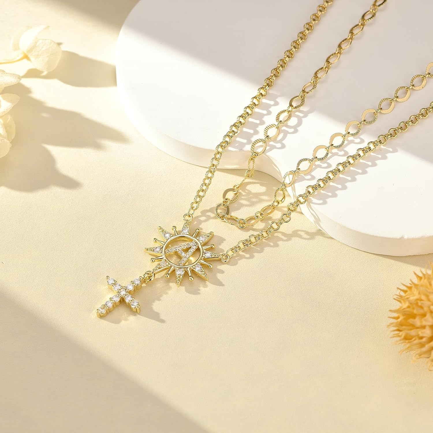 Letter Necklaces Sunflower Cross Necklace for Women 14K Gold Plated Cubic Zirconia Sunflower Initial Layered Cross Pendant Necklace A - Z Initial Jewelry for Women - Image 2