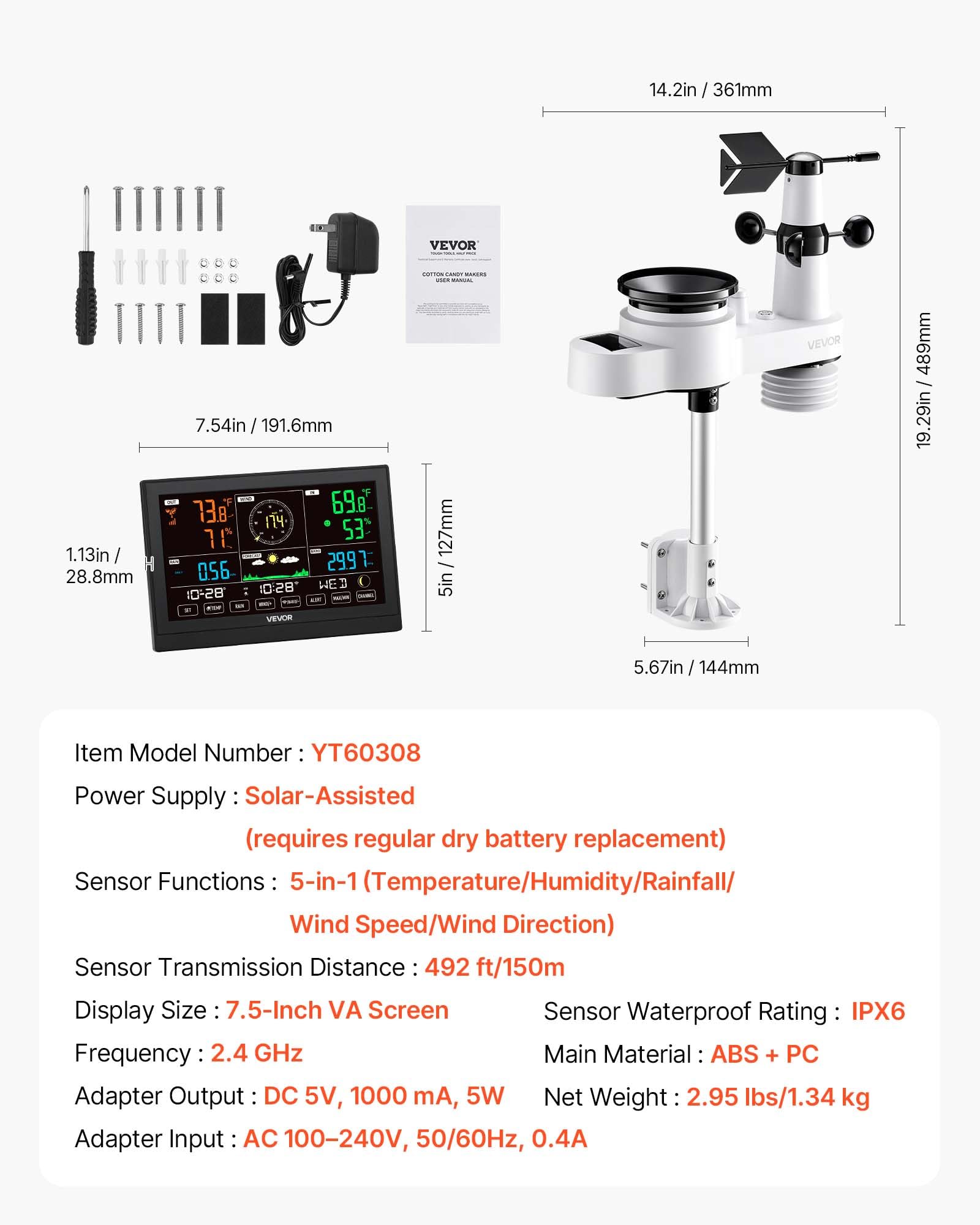 VEVOR 5-in-1-WLAN-Wetterstation, 7,5-Zoll-VA-Display, solarbetriebener Außensensor, Wettercenter zur Wettervorhersage, Windgeschwindigkeit, Windrichtung, Temperatur, Luftfeuchtigkeit, Niederschlag