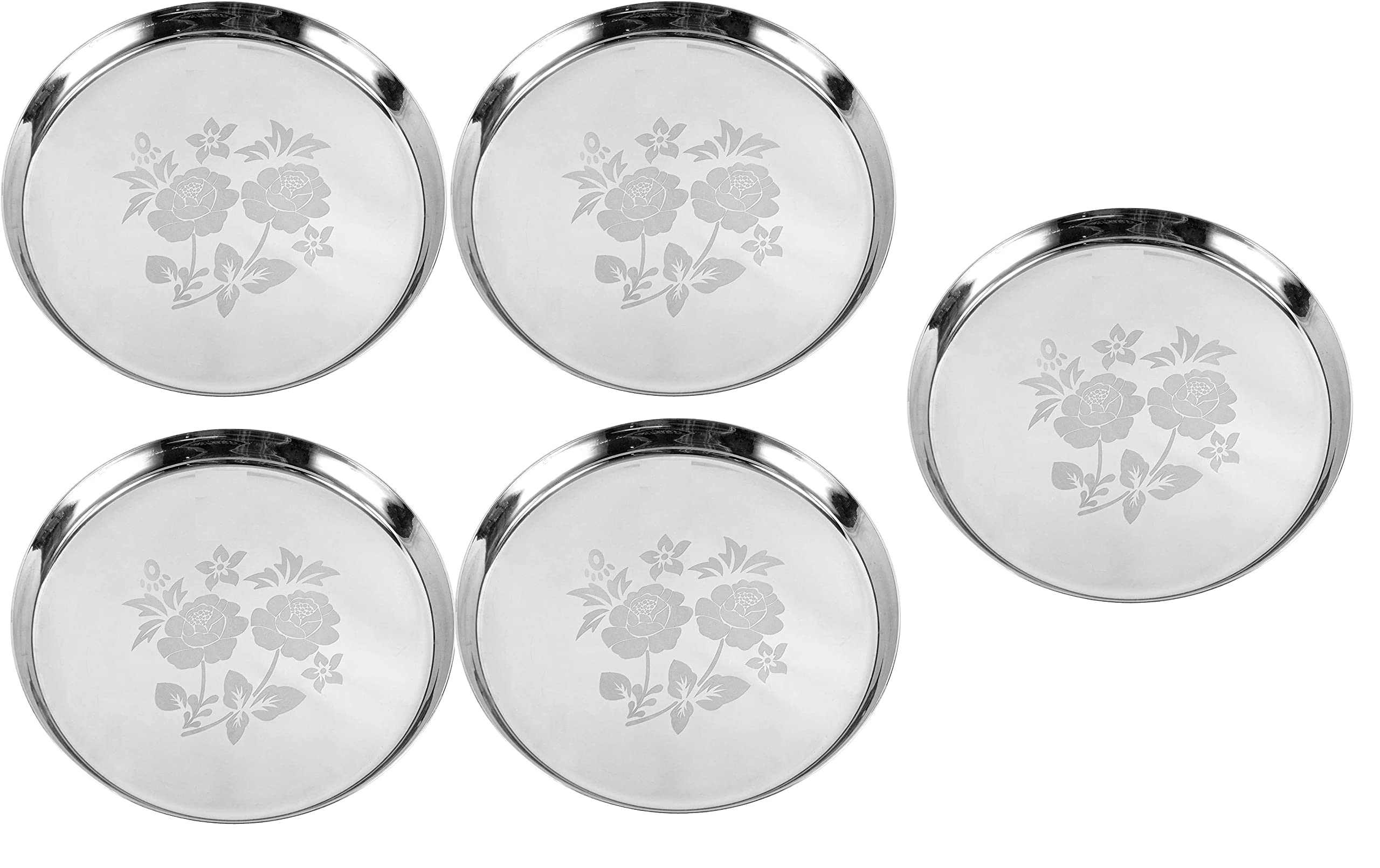 SAGERStainless Steel Heavy Gauge Khumcha/Khomcha/Kumcha/Lunch and Dinner Plates/Thali with Mirror Finish and Beautiful Laser Design, Curved deep Wall Design 29 cm Dia - Set of 5 pc