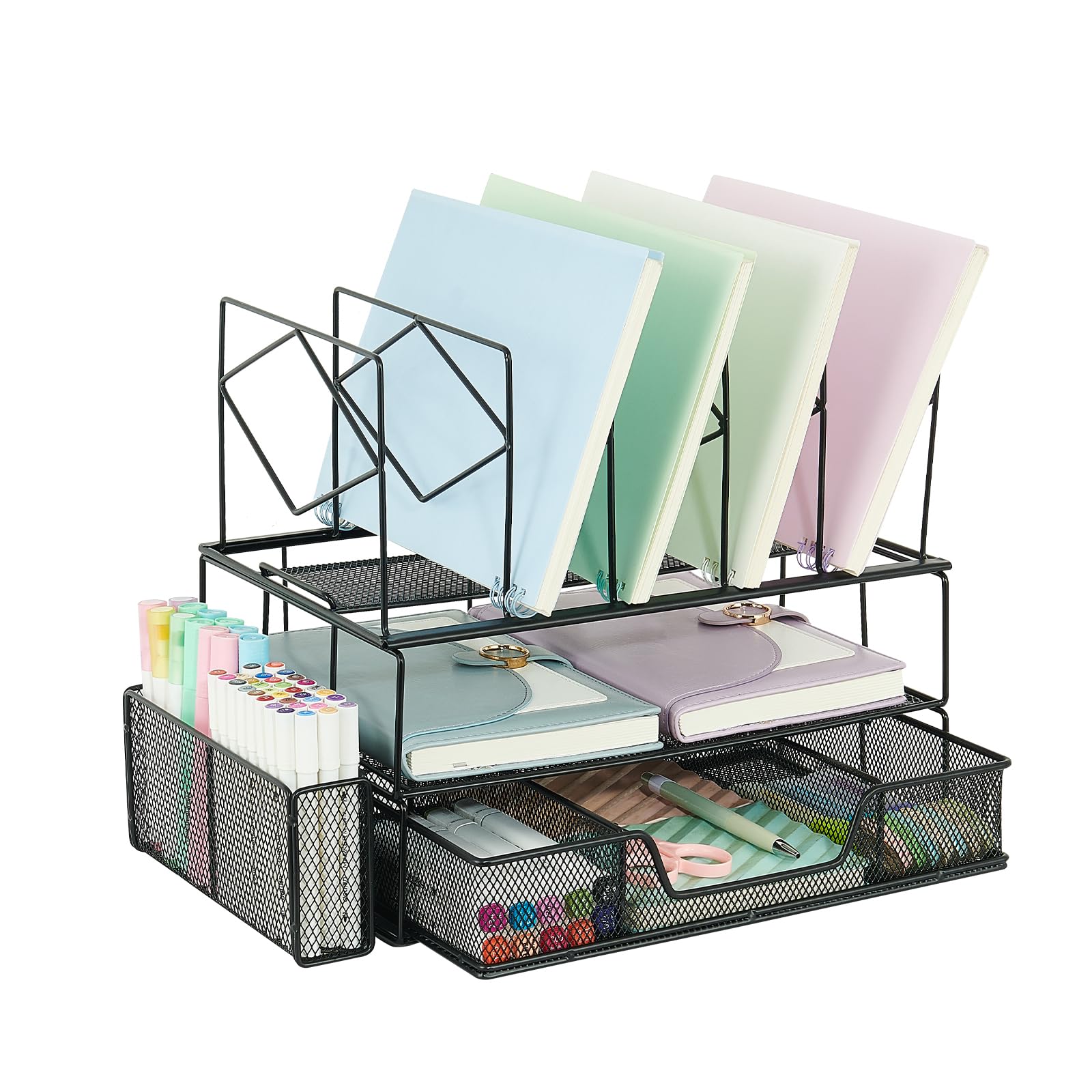 YoubetiaDesk Organizer with Pencil Holder and Drawer, Double Tray and 5 Upright Sections (Black)