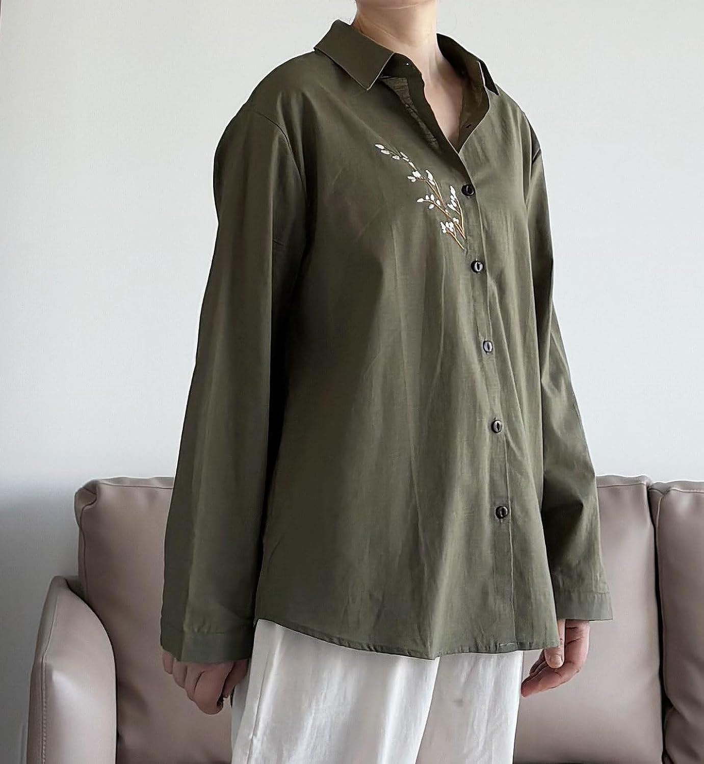 Minibee Women's Button Down Shirts Cotton Linen Long Sleeve Collared Casual Blouses Embroidered Tunic Tops - Image 3