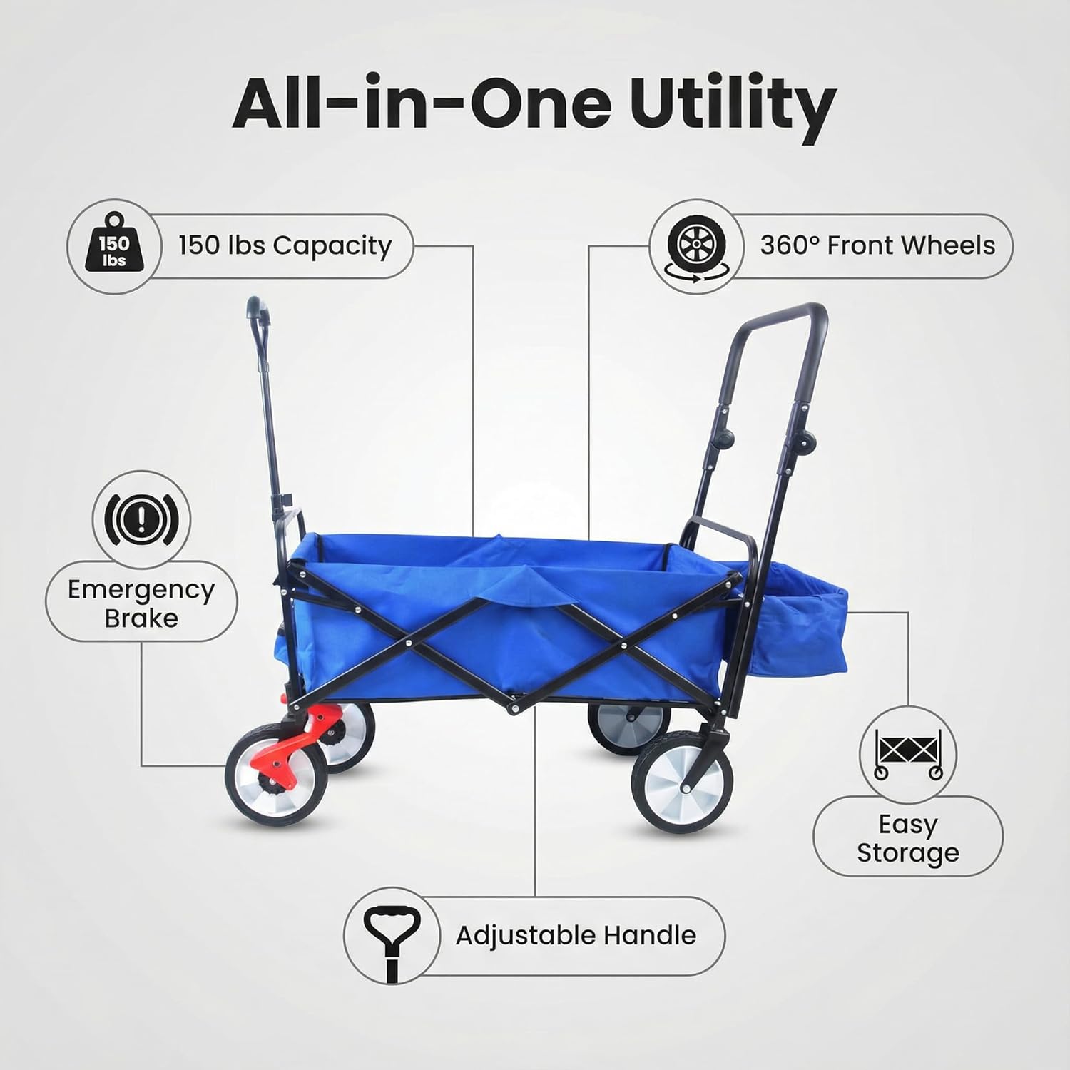 Collapsible Folding Wagon Cart, Heavy Duty Outdoor Utility Grocery Trolley with Adjustable Handle & Drink Holders, Portable Rolling Transport for Beach Park Camping, Blue
