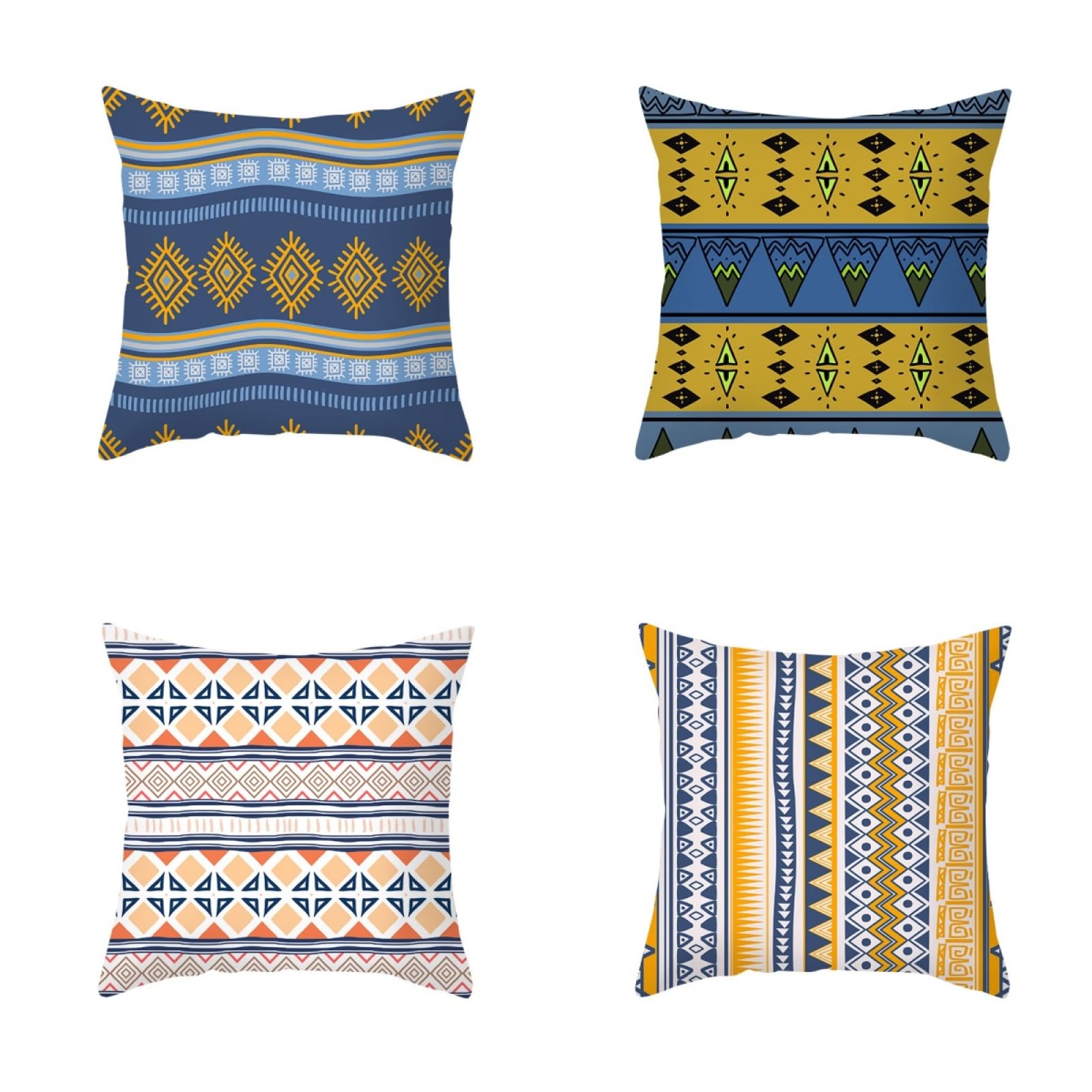 Pillow Cases 4 Pack Blue Yellow Bohemian Cushion Covers Soft Linen Cushions with Covers Included Washable Sofa Cushions with Invisible Zip Pillowcase Breathable Pillow Cover 60x60 Cushion Cover