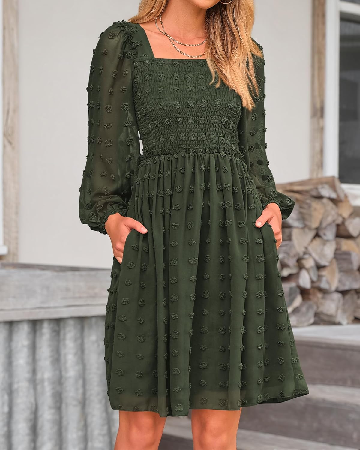 BTFBM Womens Long Sleeve Dress Vacation Square Neck Smocked Floral Swiss Dot Mini Boho Spring Wedding Guest Dresses 2026 - Image 5