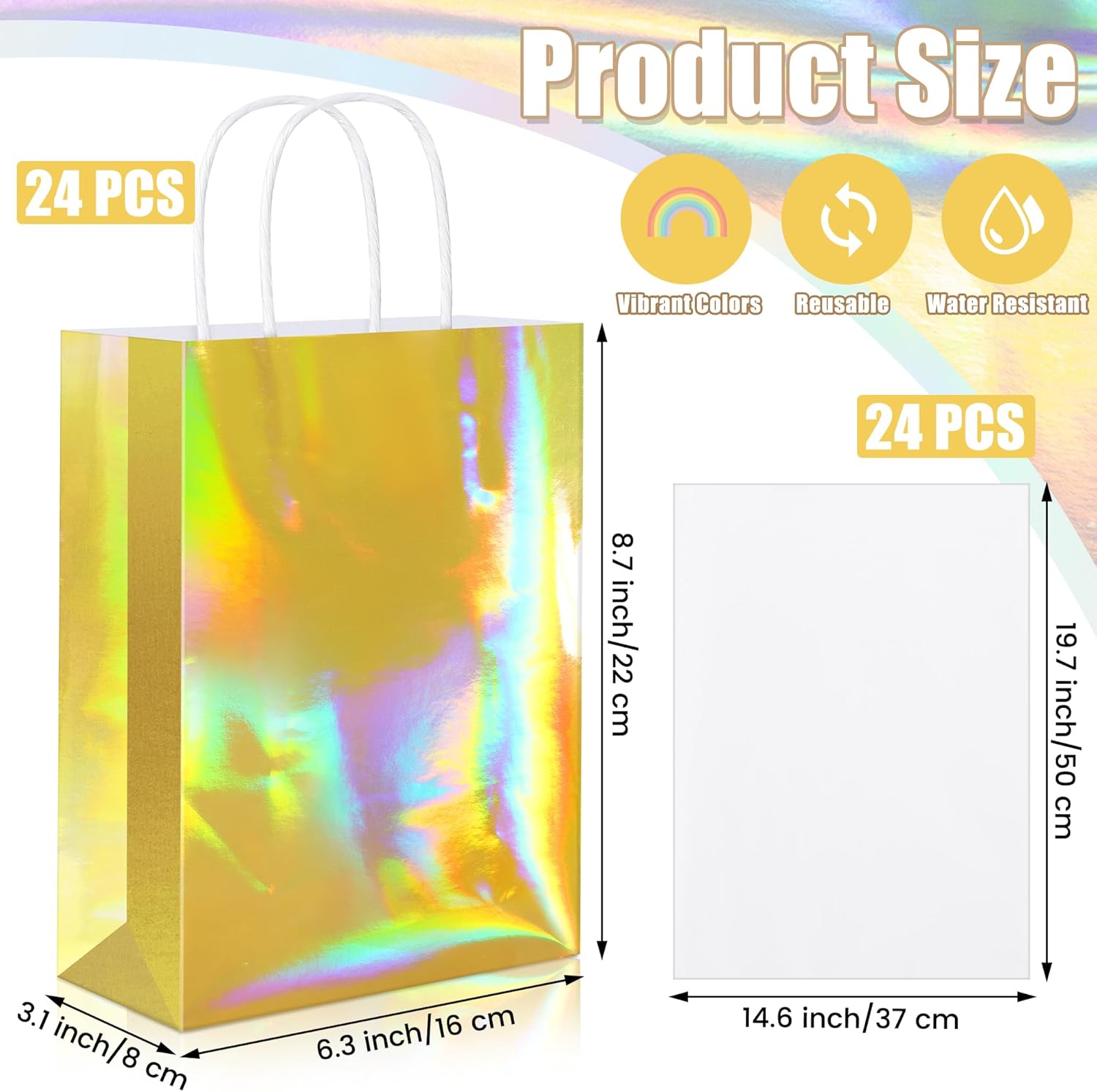 MIMIND 24 Pack Iridescent Paper Gift Bags with Handles Holographic Party Favor Bags with Tissue Paper 8.7 x 6.3 x 3.1 Inch Glitter Gold Foil Goodie Candy Bag for Wedding Baby Shower Birthday Party - Image 2