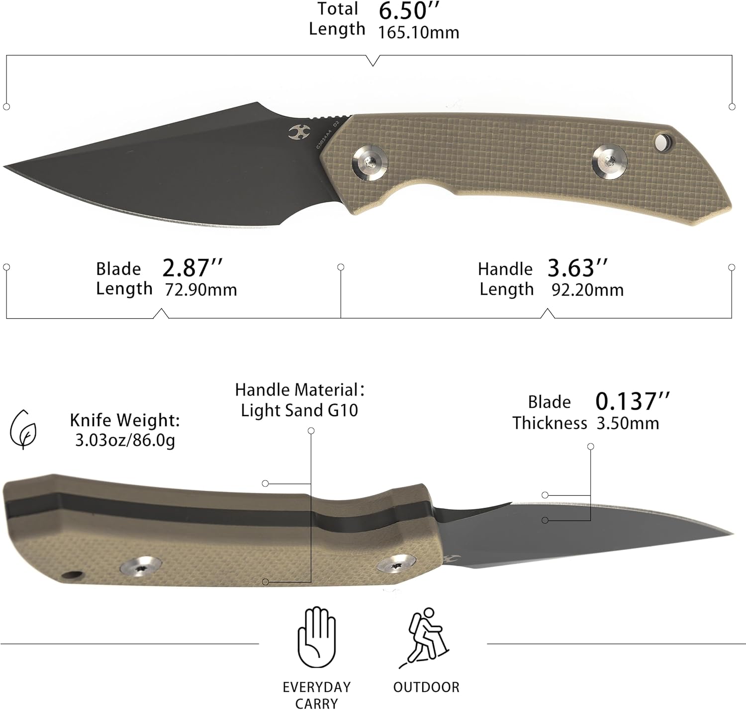 KANSPET Fenrir Fixed Blade Knife, 2.87" Gray TiCn Coated Tactical Survival with Light Sand G10 Ergonomic Handle, Full Tang and Adjustable Kydex Sheath for EDC Hunting Camping Outdoor for Men G3034A4