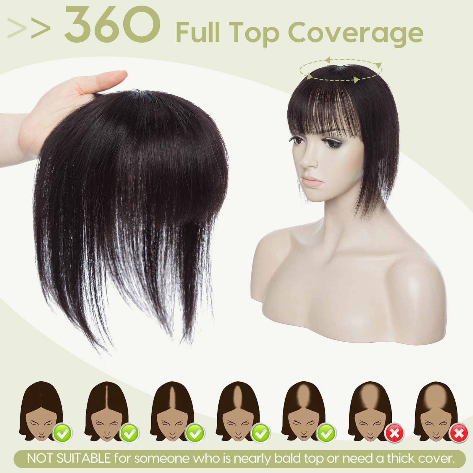 S-noilite Topper für Frauen Echthaar mit Pony 150% Dichte Toupet Haarteil Echthaar Damen Haarverdichtung für Dünnes Haar Mono Basis Haarverlängerung 50cm - 47g #1B Natürliches Schwarz