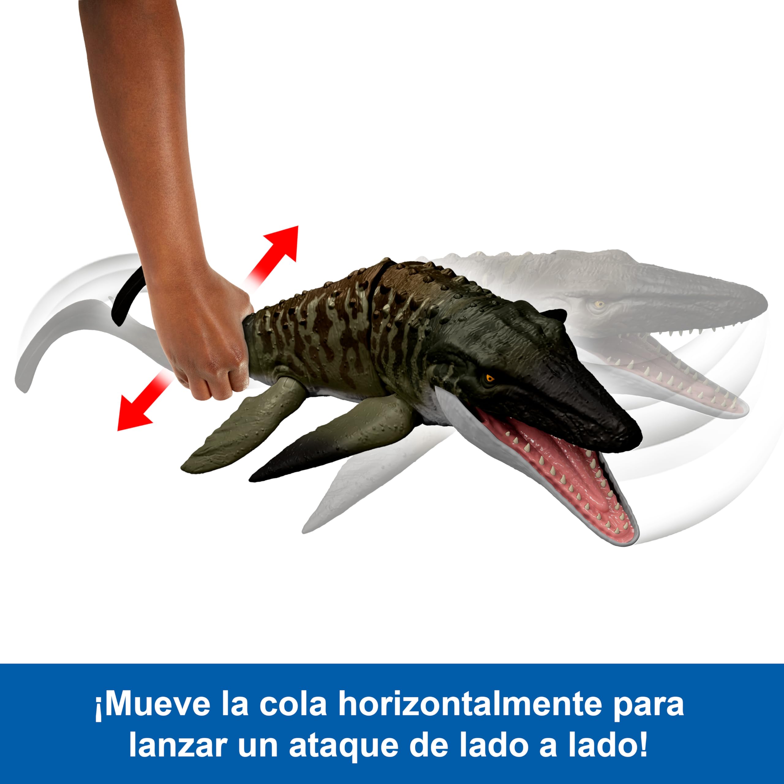 Mattel Jurassic World: El Renacer Mosasaurio Mordedor y minifigura de Dilofosaurio, juguete de dinosaurio con mandíbula ancha, figura articulada fiel a la película, juego digital, JJP80