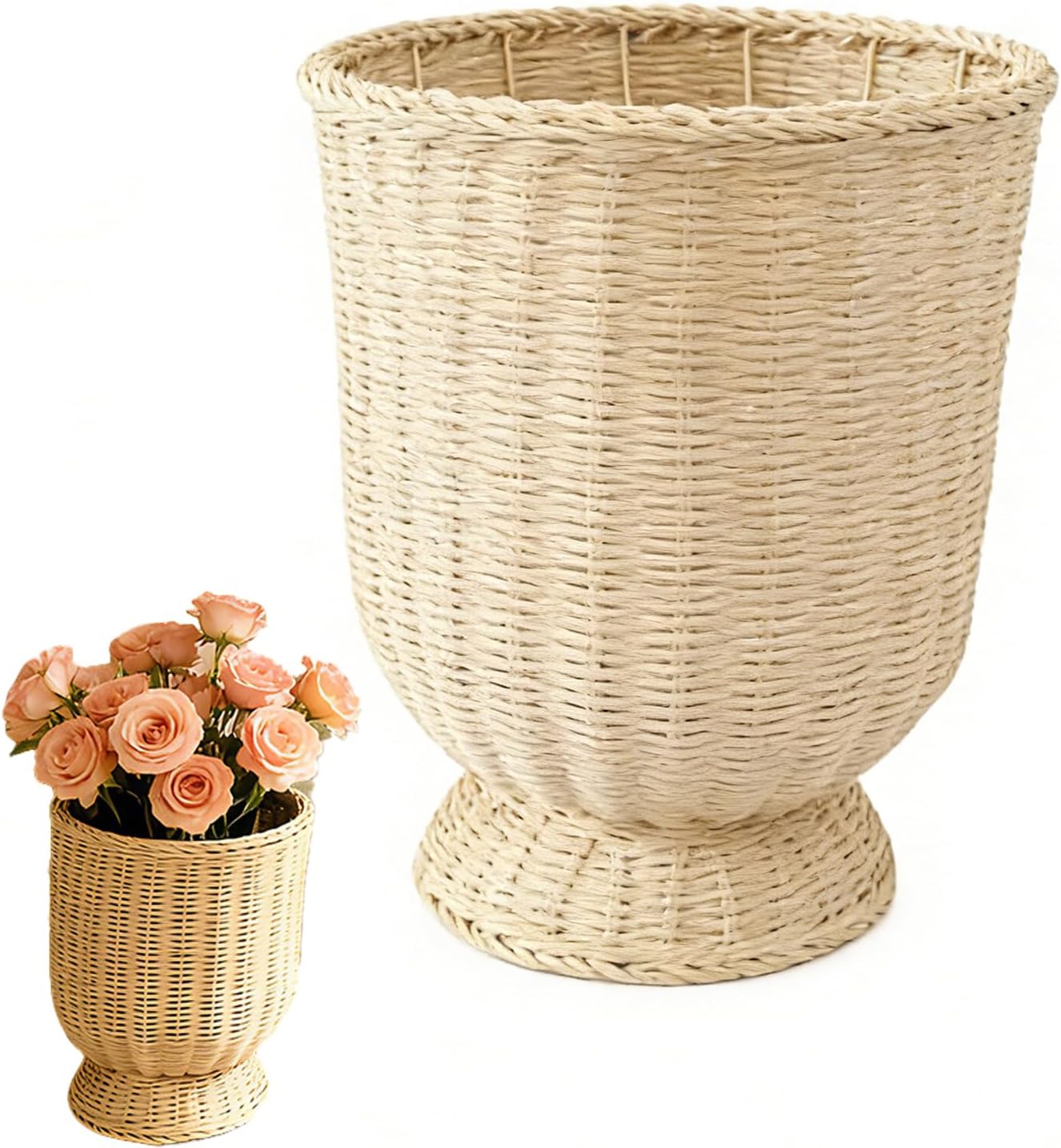 12 Inch Hand Woven Rattan Planter Pot with Stand - Large Decorative Basket for Indoor Plants, Flowers, and Storage - Boho Home Decor for Living Room, Patio, and Entryway (Brown)
