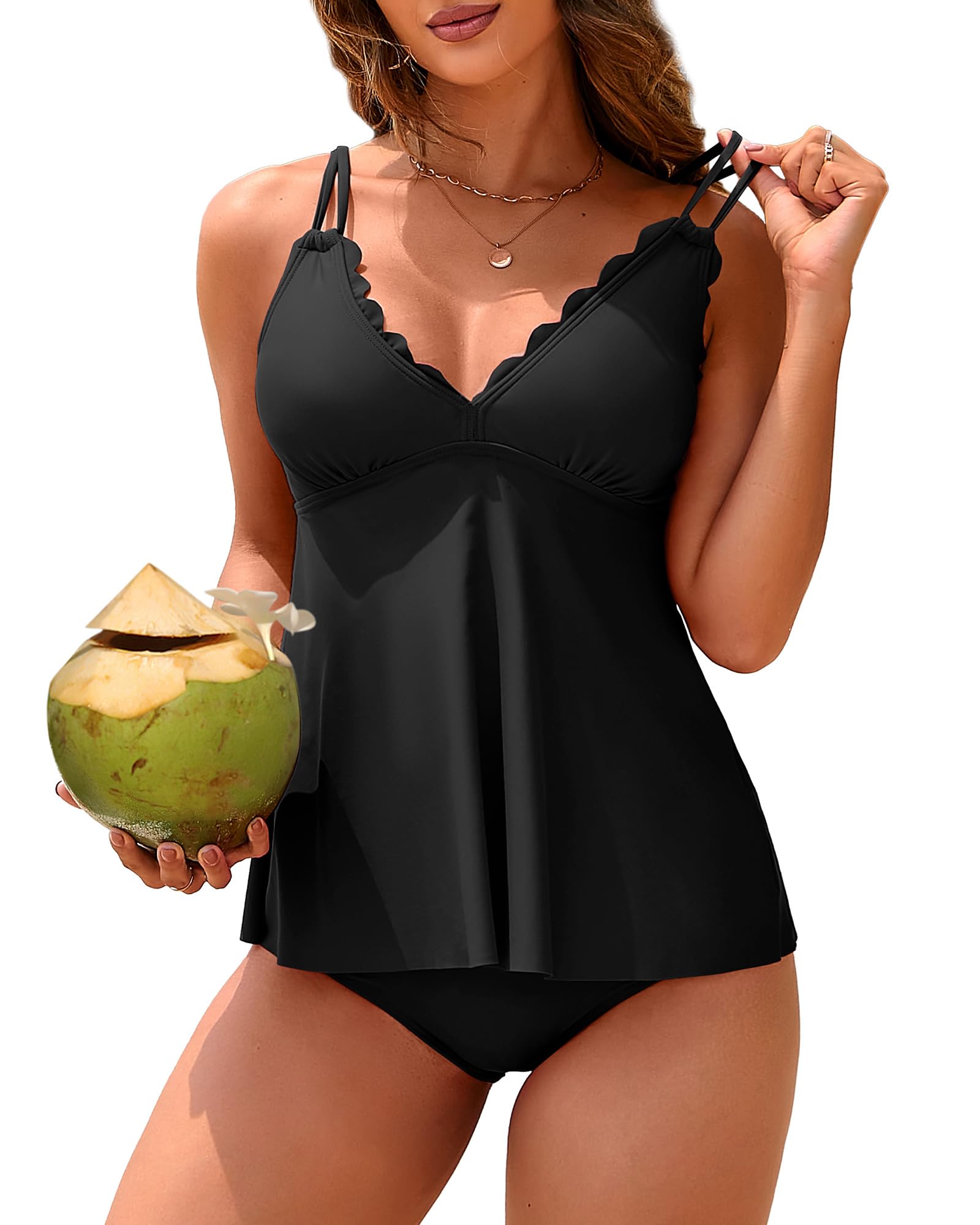 ANFILIA Two Piece Tankini Swimsuits for Women Scallop Trim V Neck Tankini Top with Bottom Tummy Control Bathing Suit