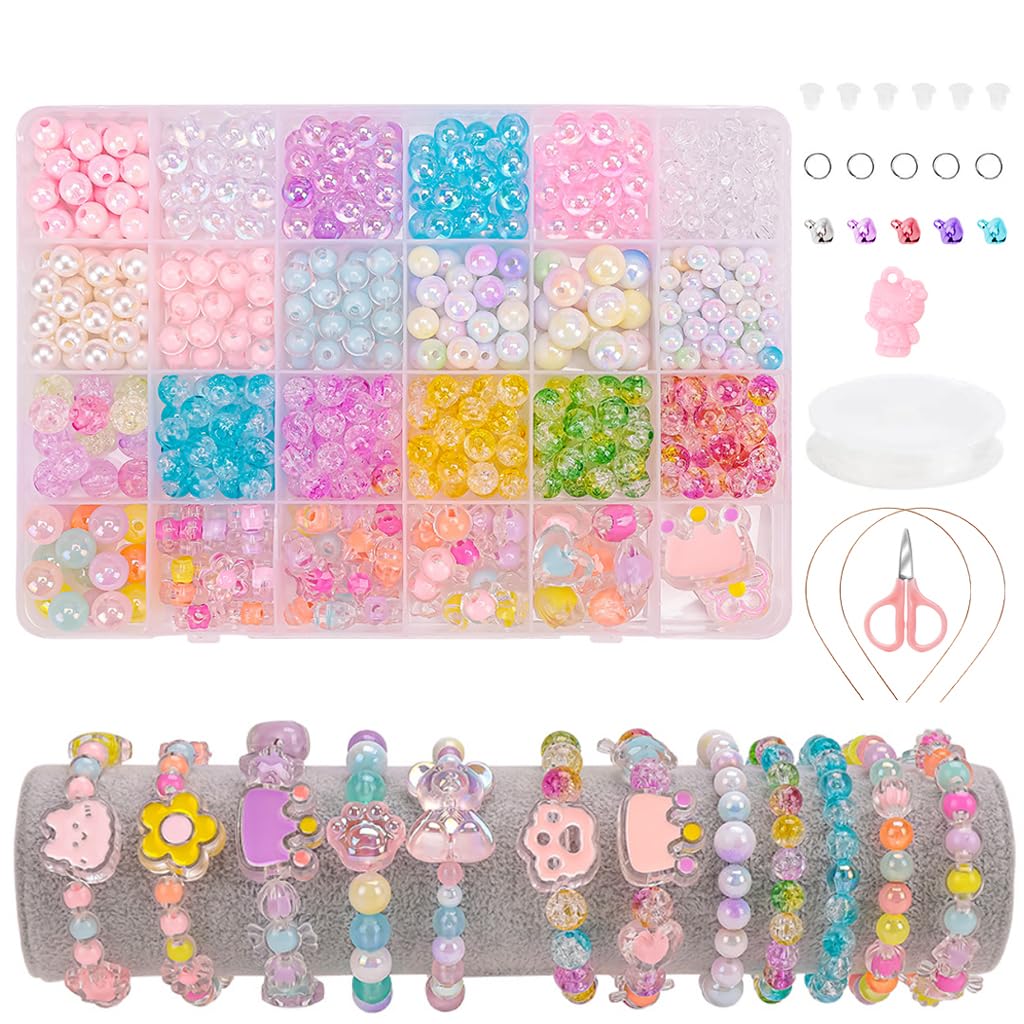 SANNIDHI® 540Pcs Cute Beads for Bracelet Making, Candy Pearl Acrylic Beads Set, Assorted Shiny Colourful Round Flower Heart Bead for Jewelry Making Girls Kids DIY Necklace Hairband