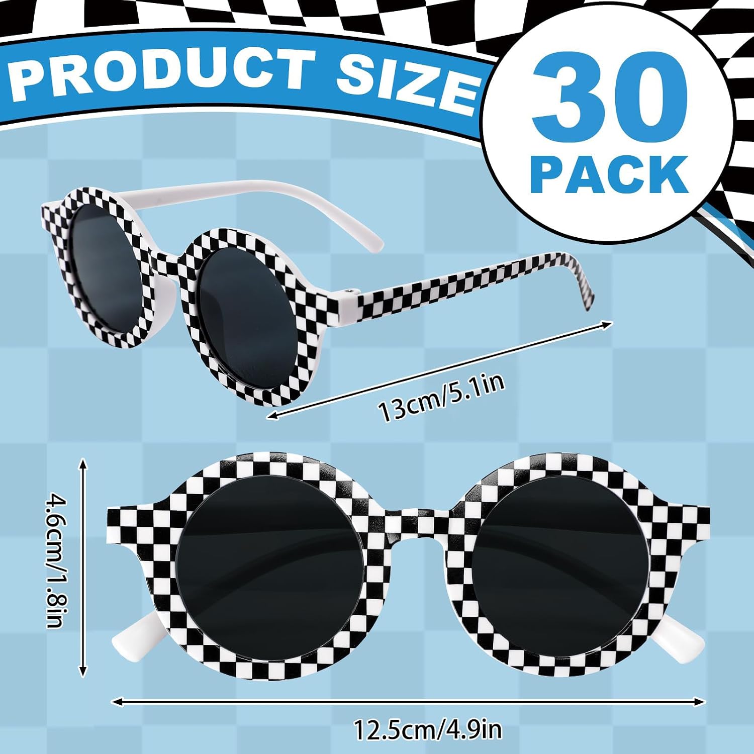 30 Pack Checkered Sunglasses Race Car Party Favors for Kids Flexible 4.9" Frames Racing Theme Birthday Decorations Bulk Goodie Bag Supplies image 2
