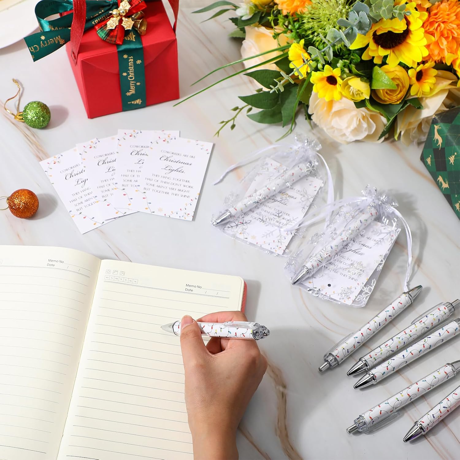 Ireer 50 Sets Christmas Office Gifts for Coworkers, Coworkers Are Like Christmas Light Theme Ballpoint Pens with Greeting Cards and Snowflake Organza Bags Appreciation Gifts for Office Team Members