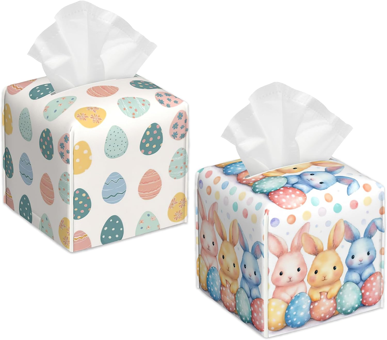 Cute Cats Flower Bushes Tissue Box Cover Square, Tissue Box Holder Leather Facial Paper Case Modern Home Decoration for Bathroom Kitchen Bedroom Night Stands, 2 Pcs
