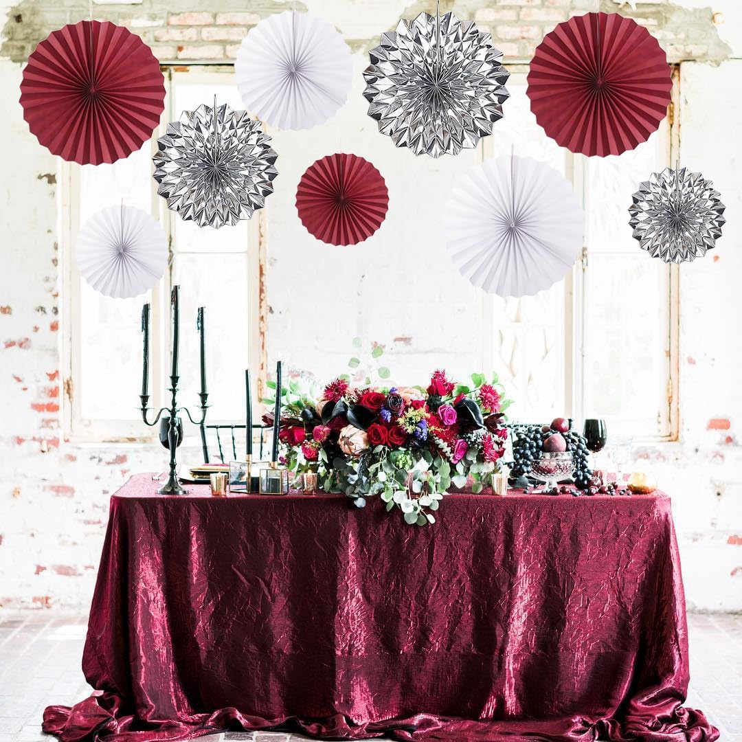 9PCS Burgundy Crimson Maroon White Silver Paper Streamers Flower Fans Hanging Party Backdrop Birthday Bridal Wedding Shower Bachelorette Anniversary Graduation Christmas Party Décor