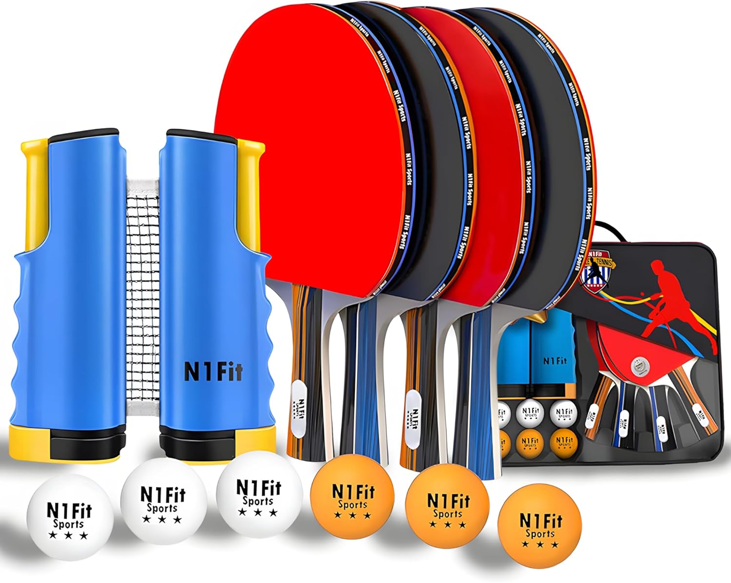 N1Fit Ping Pong Paddle Set: 4 Pro Rackets, Retractable Net, 6 ABS Balls, Carry Case - Indoor/Outdoor Table Tennis Kit