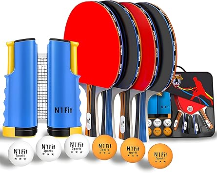 مجموعة مضرب تنس الطاولة N1fit - 4 مضارب احترافية، شبكة قابلة للسحب، 6 كرات بونج خنزير، حقيبة حمل - لعب تنس الطاولة في الأماكن المغلقة والمفتوحة