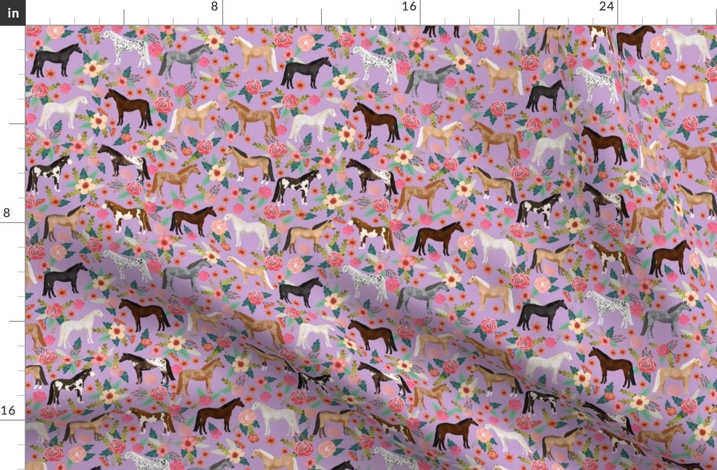 Spoonflower Fabric - Horse Multi Floral Horses Purple Farm Animal Cowboy Pet Portrait Printed on Polartec(R) Fleece Fabric by The Yard - Sewing Blankets Loungewear and No-Sew Projects