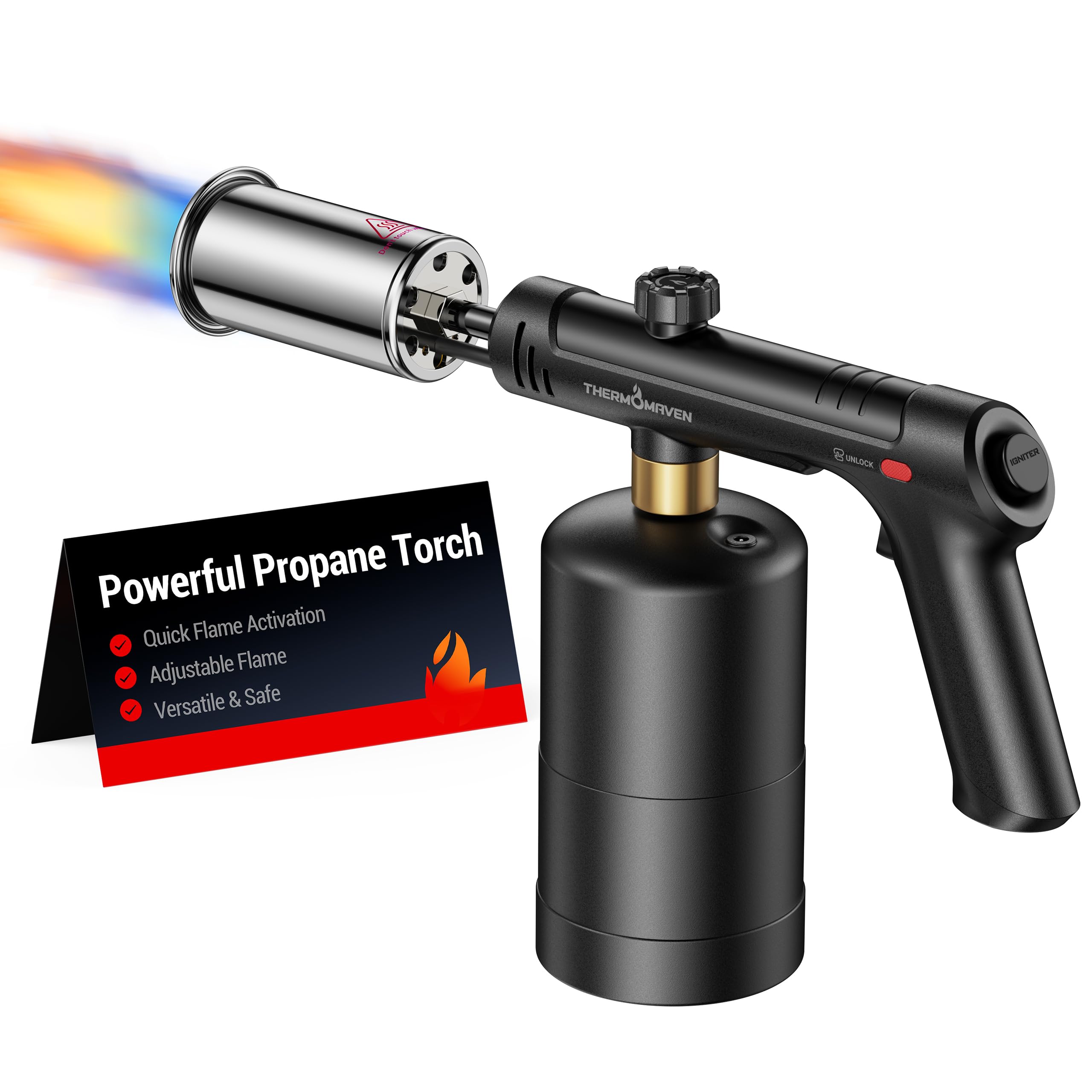 ThermoMaven Propane Torch with One-Touch Max Fire, Cooking Blow Torch Gun with Safety Lock, Charcoal Lighter, Flame Thrower, Gas Welding Kit Kitchen Food Torch Head for Grill, Sous Vide, BBQ, Black