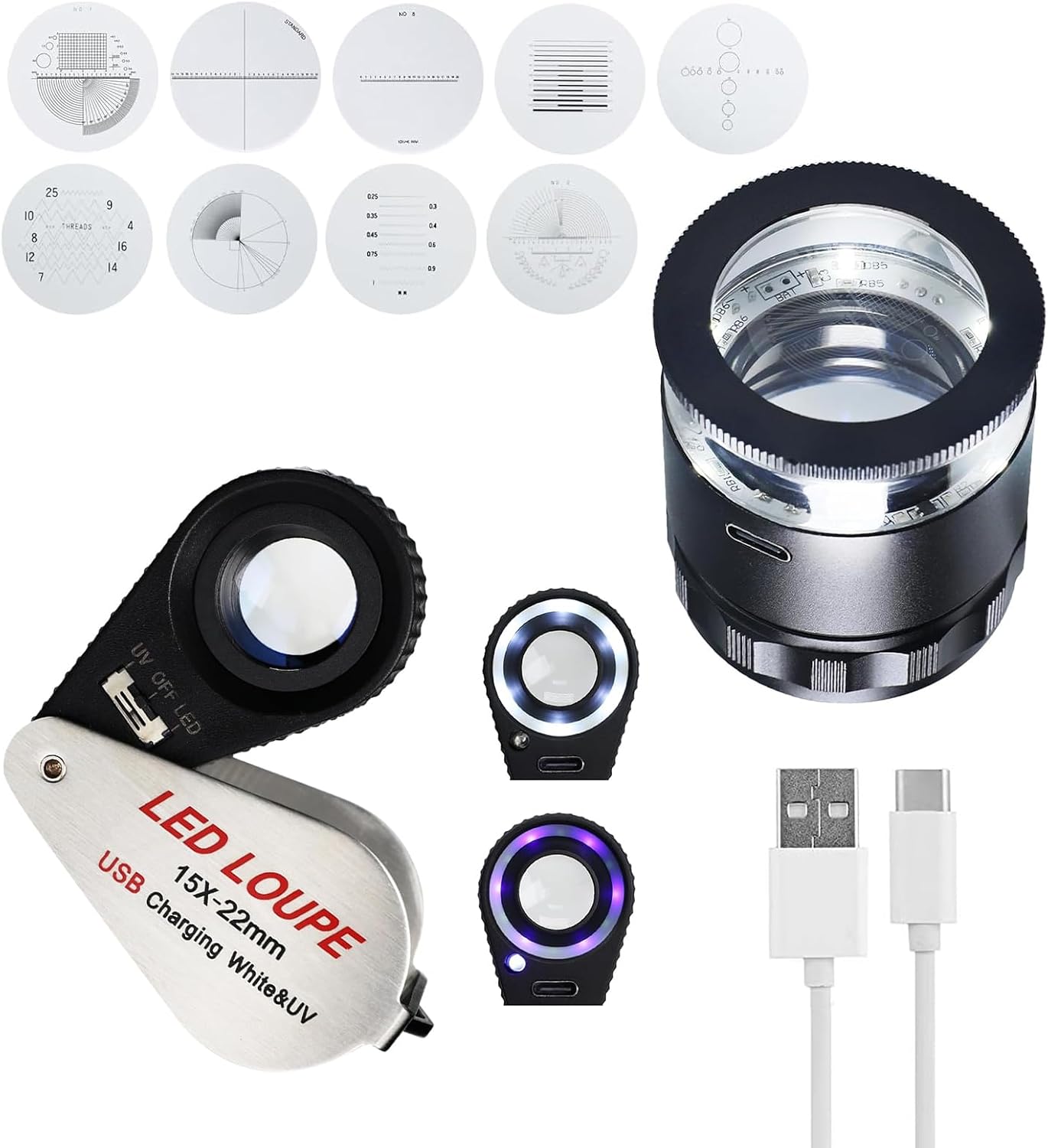 15X Jewelers Loupe with LED & UV Light - Rechargeable Pocket Loupe Magnifier and 10X Rechargeable Jewelers Loupe with LED Light and 9pcs Measuring Reticle Scales