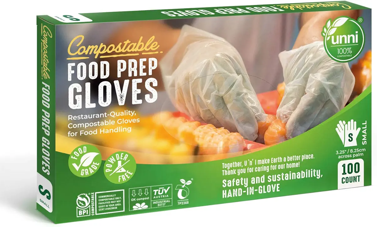 UNNI 100% Compostable Food Prep Gloves, Restaurant-Quality, For Food Handling, Powder-Free, 100 Count, Small, Earth Friendly Highest ASTM D6400, US BPI and Europe OK Compost Certified, San Francisco