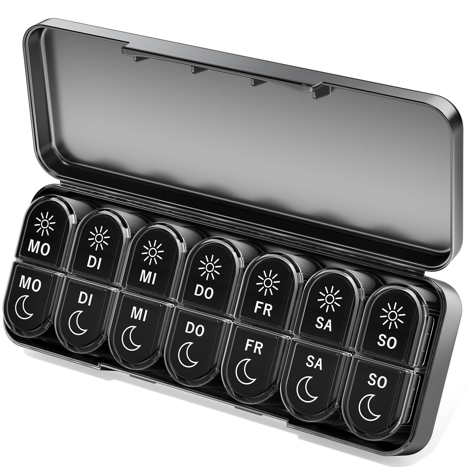 Betife Tablettenbox 7 Tage Morgens Abends, Pillendose Woche 2 Fächer Groß, Medikamentenbox 7 Tage mit Pillenbox Klein für Unterwegs, Tabletten Organizer 14 Tage Tragbare Tablettendose