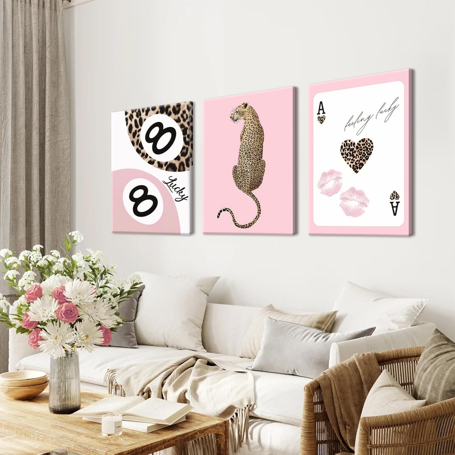 Trendy Leopard Canvas Wall Art Set of 3 - Pink Cheetah Prints Wall Decor Pictures, Funky Lucky You 8 Ball Poster Preppy Aesthetic Paintings, for Girls Bedroom Dorm Apartment 12x16 inch Framed