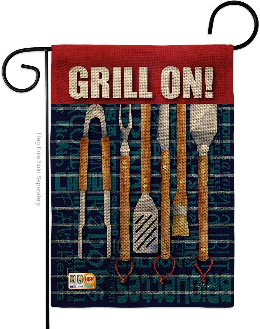 Grill On Burlap Garden Flag Summertime Fun and Sun Beach Pool Luau Tropical Party Season Outdoor Sunny Small Decorative Gift Yard House Banner Double-Sided Made In USA 13 X 18.5