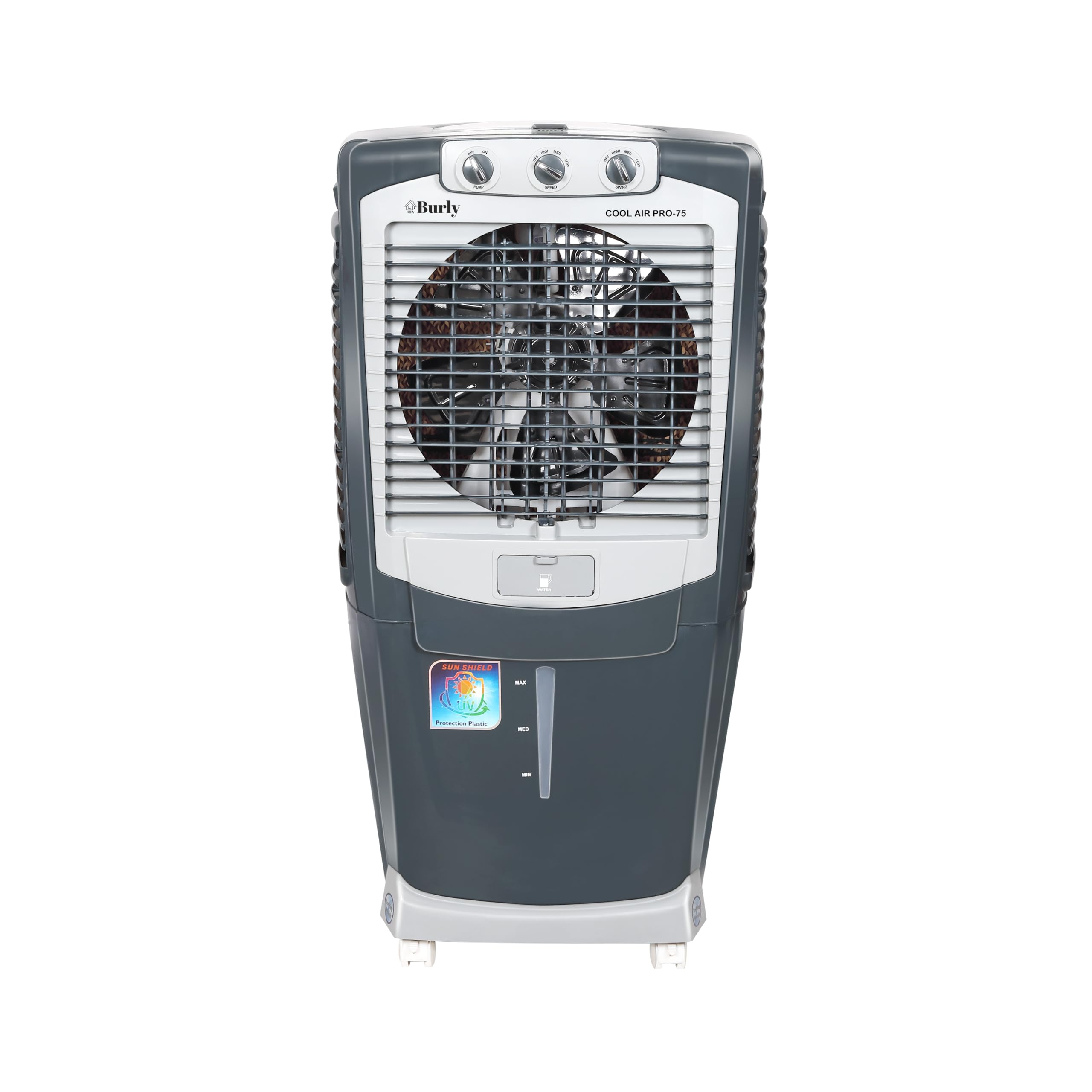Bhaburly Burly Coolair Pro 75 Ltr Desert Portable Cooler With Anti Bacterial Honeycomb, Auto Refill Powerfull Motor With Auto Swing And 3 Speed Control And Low Power Consumption, Castor Wheel- Grey