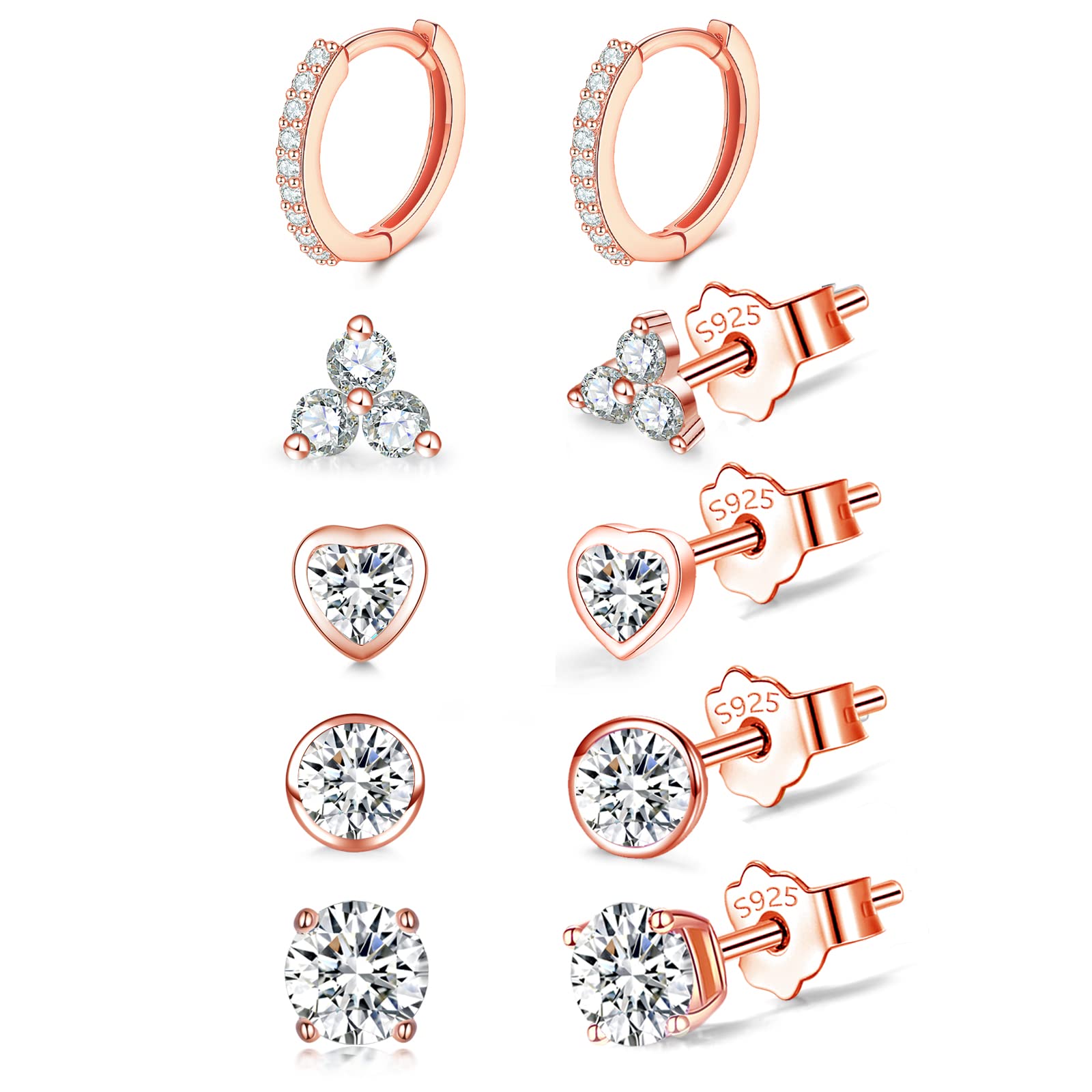 EPIRORA 925 Sterling Silver Studs Earrings Set for Women Men, Hypoallergenic Cubic Zirconia Stud Cartilage Helix Earrings, 5 Pairs Different Sizes