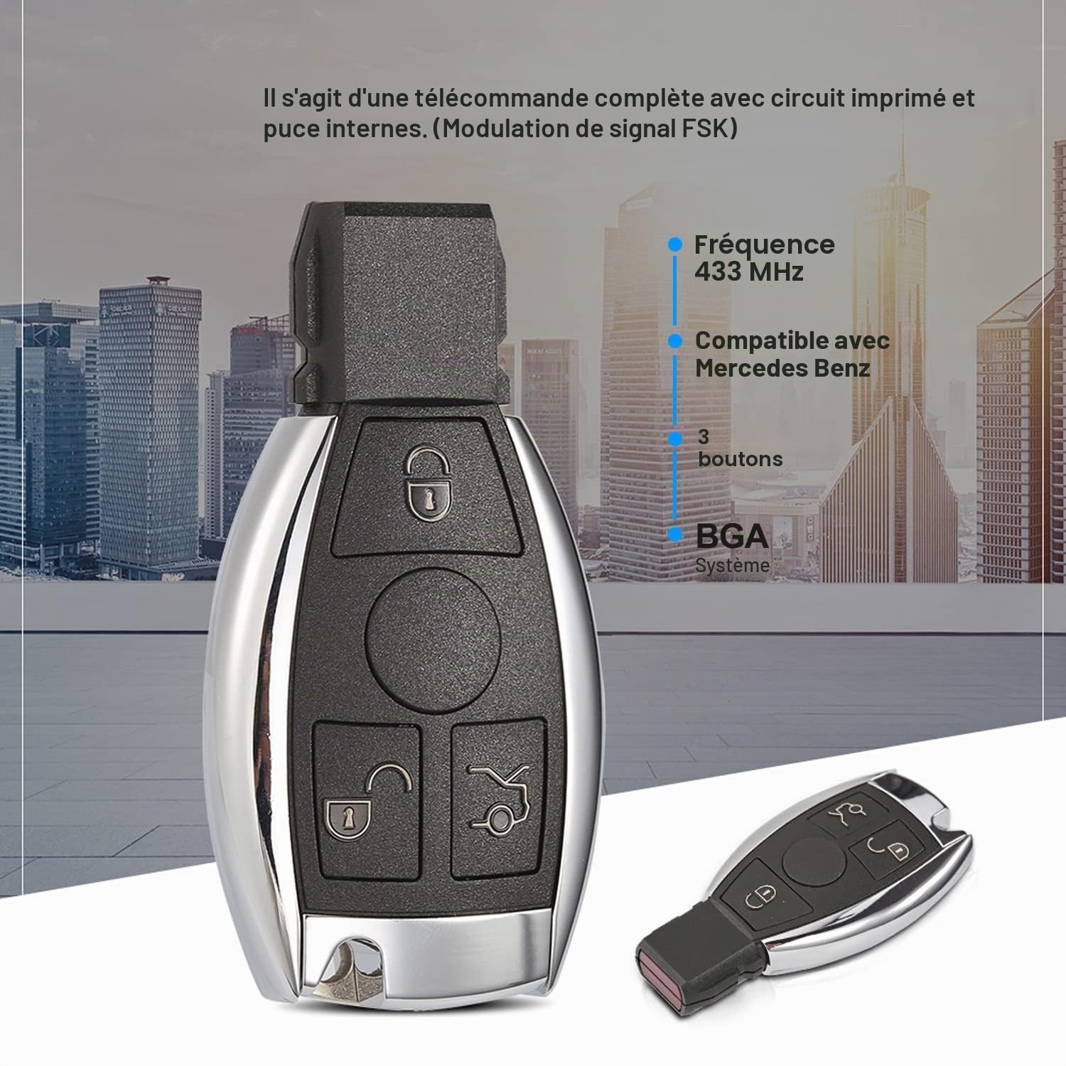 3 Boutons Mercedes 433 MHz Clé de Télécommande de Voiture, Coque de Clé avec Puce BGA Lame NEC pour Merc-edes-be-NZ A B C E S G CLK SLK ML Class W204 W211 Clé à Distance