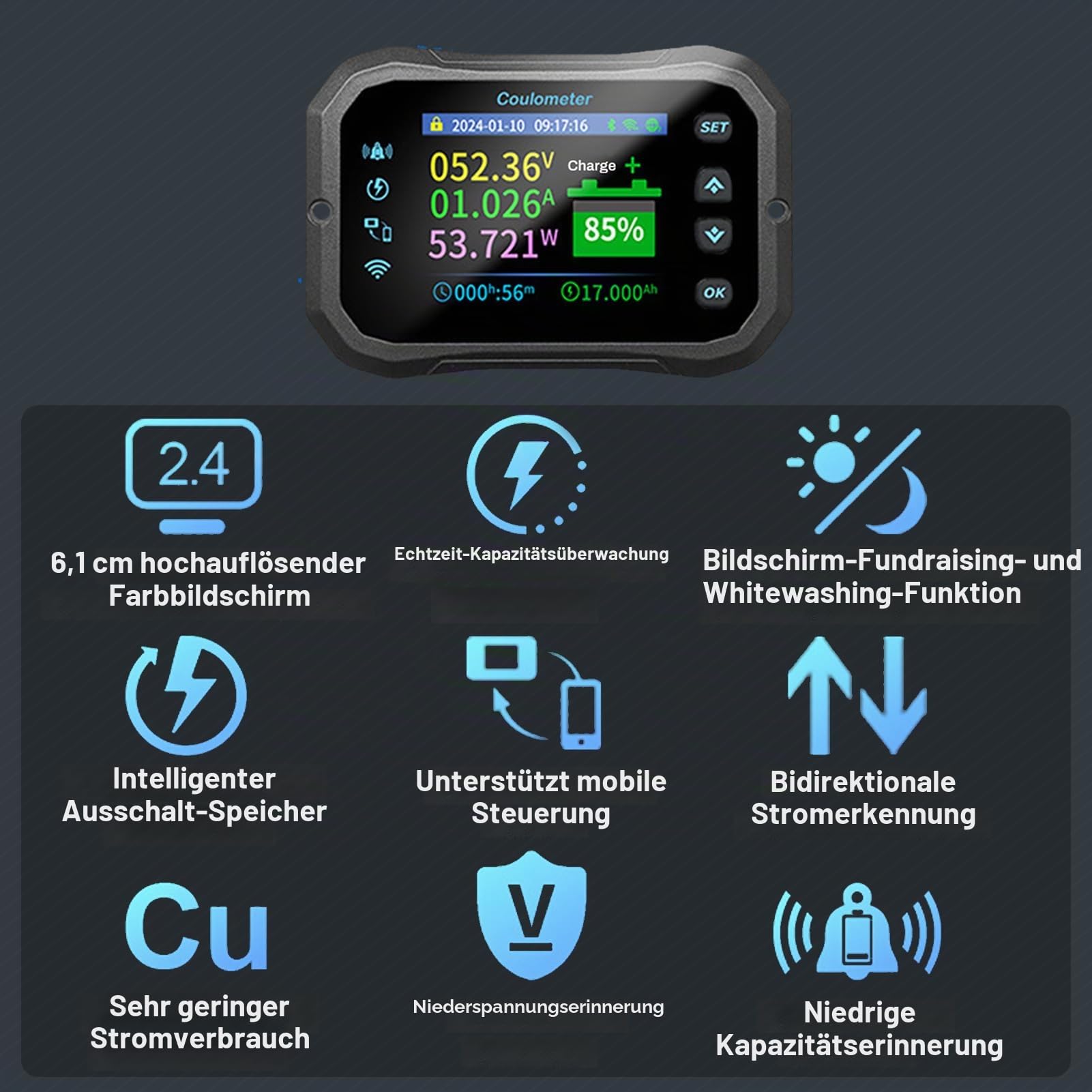Batterie Monitor, Batteriewächter 12V 24V 36V 48V 72V Batterie Überwachung App Fernbedienung Farbdisplay mit Alarm Battery Guard 100A 10-100V für Wohnwagen Solaranlage