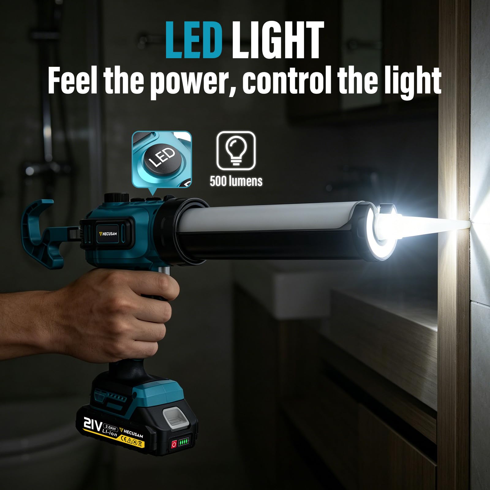 Pistola de calafateo eléctrica, 150-310 ml, Equipado con 2*baterías de 2,0 Ah, luz LED, Función antigoteo, PortáTil Cemento Pistola De EléCtrica