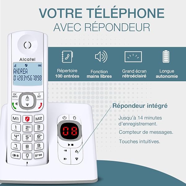ALCATEL F530 Voice - Téléphone Fixe Sans Fil DECT Avec Répondeur - Grand Écran Rétroéclairé - Mains Libres - Fonction Blocage Des Appels - 2 Touches De Mémoires Directes - Blanc/Gris - 2