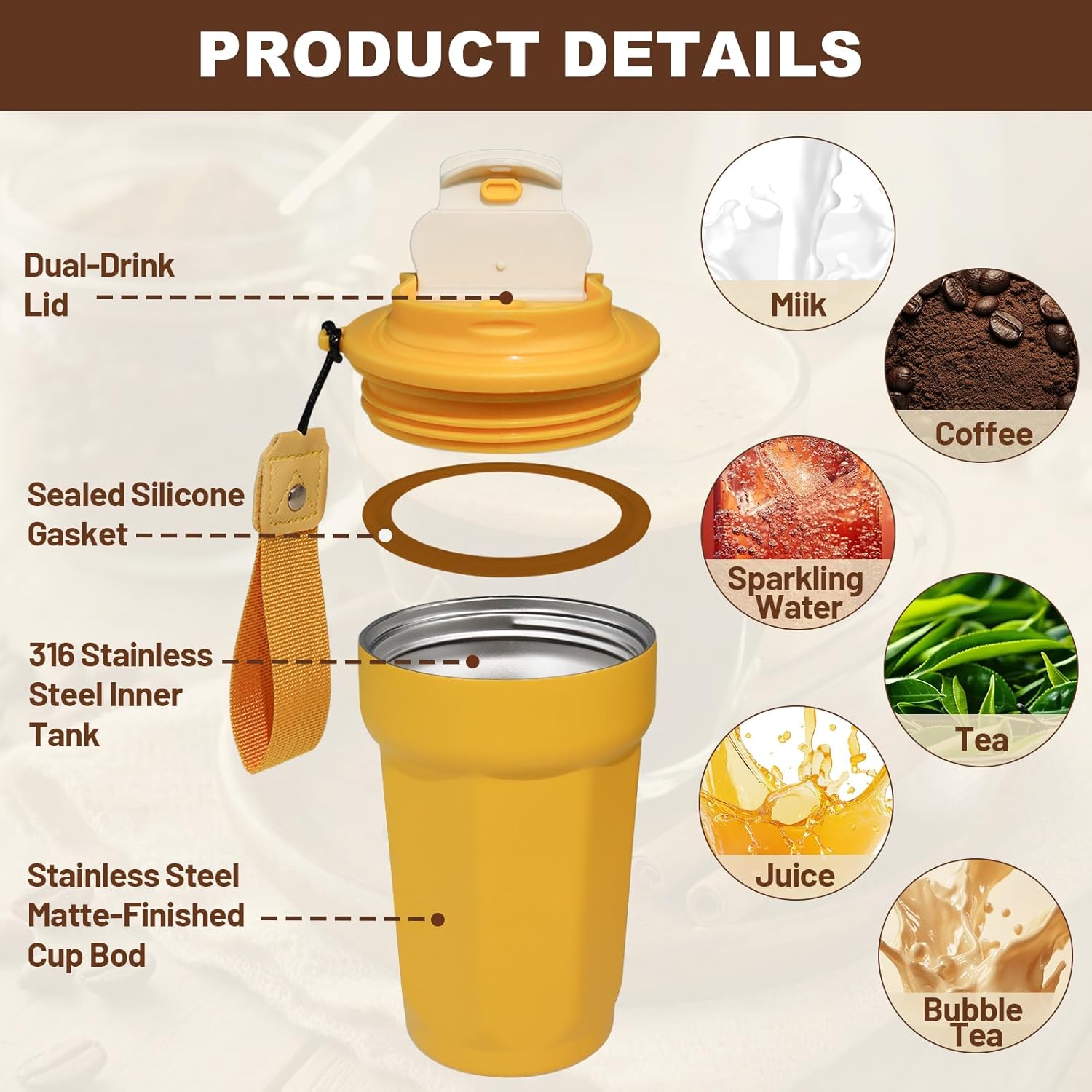 Insulated Coffee Tumbler 15.2oz 450ml Travel Coffee Mug 316 Stainless Steel Direct Drink Opening Leakproof Lid Reusable Insulated Coffee Mug Hot and Cold Ideal Travel Mug for Coffee Lover - Image 3